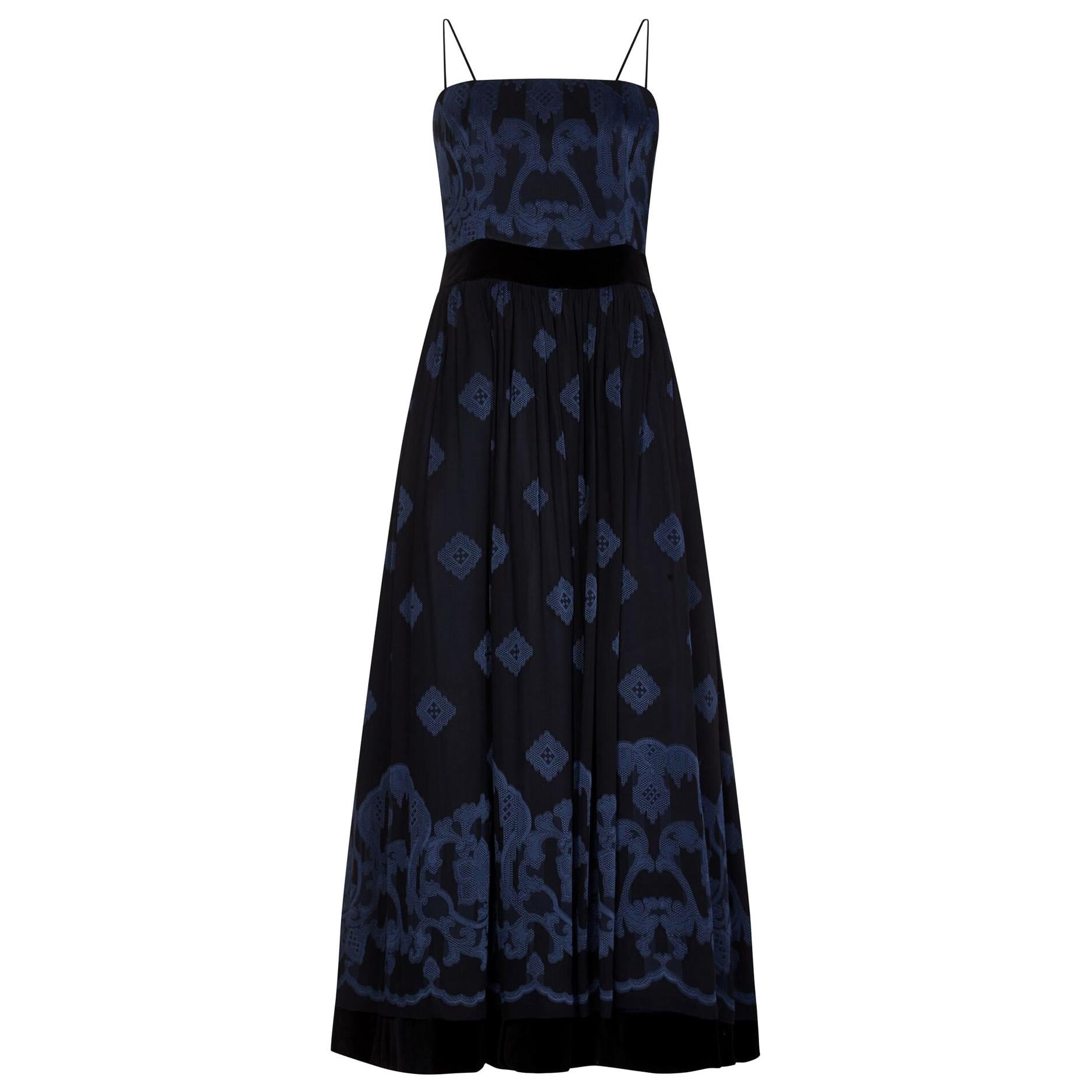 1990s Louis Feraud Embroidered Blue Silk and Black Velvet Evening Dress