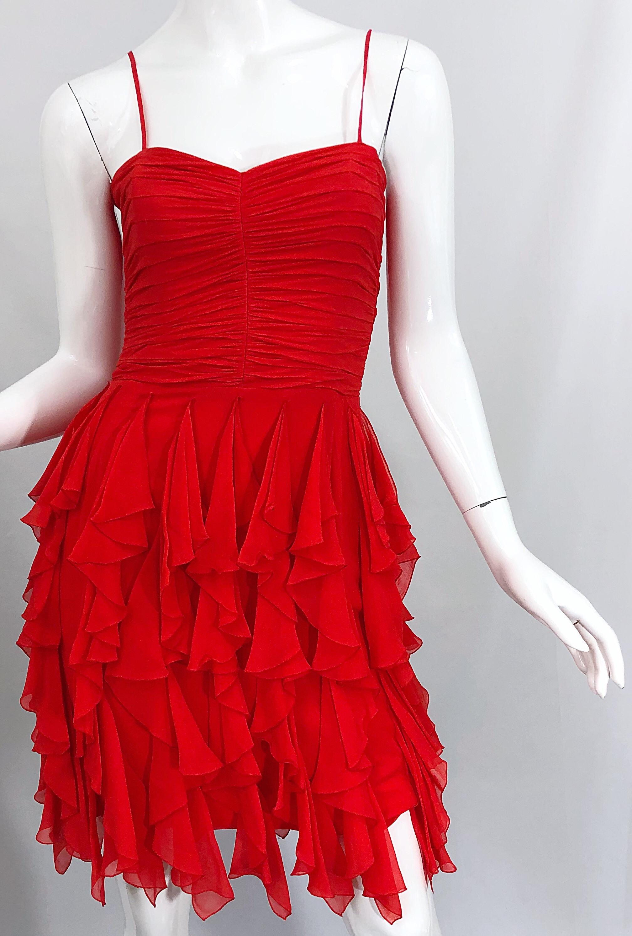 1980s Louis Feraud Size 4 Lipstick Red Silk Chiffon 80s Vintage Dress + Shawl  For Sale 4