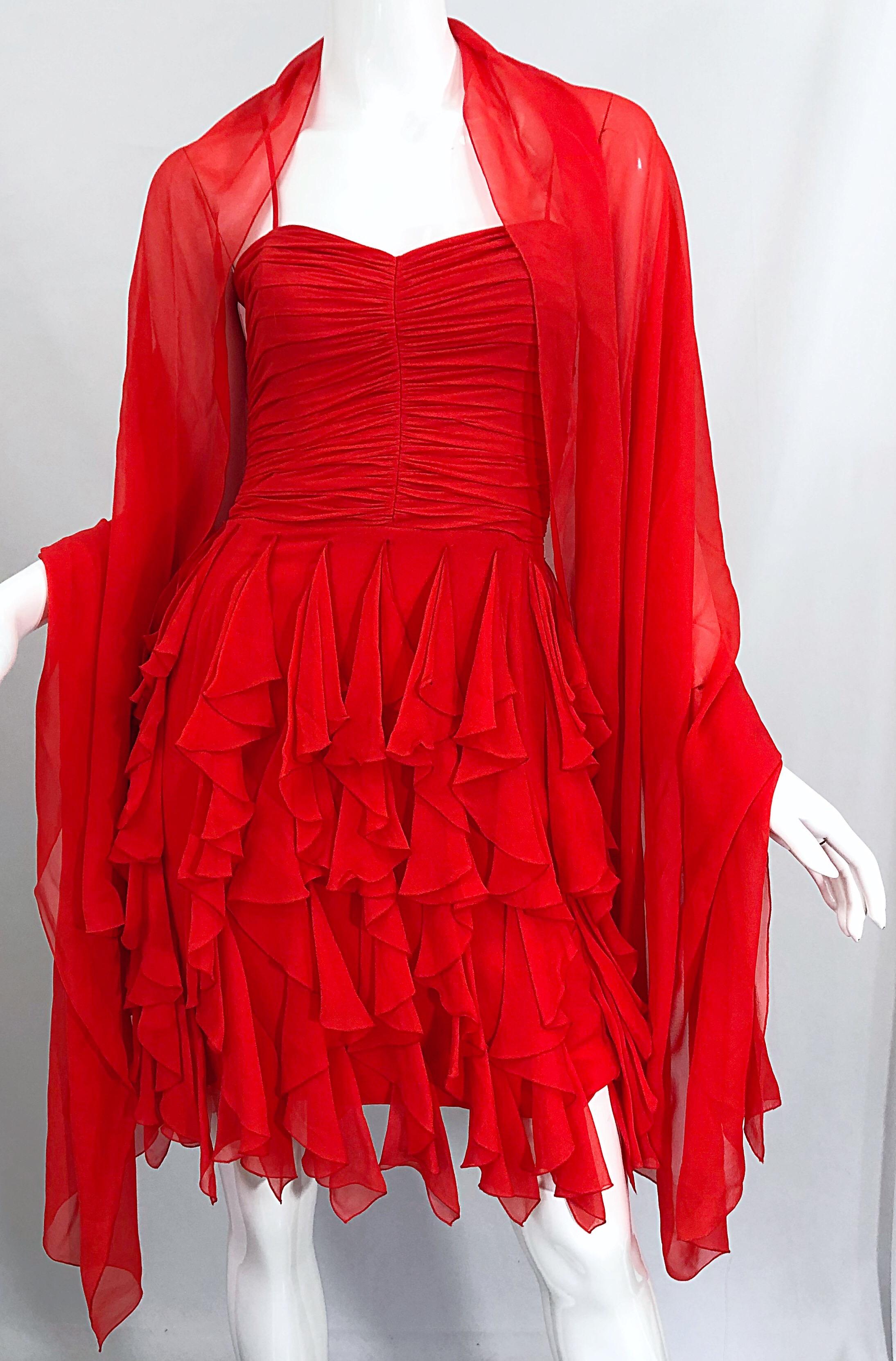 1980s Louis Feraud Size 4 Lipstick Red Silk Chiffon 80s Vintage Dress + Shawl  For Sale 5