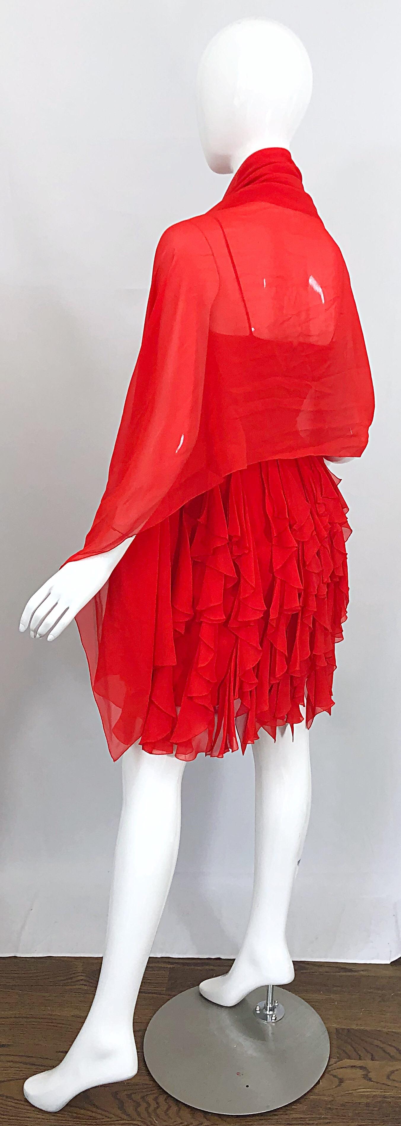 1980s Louis Feraud Size 4 Lipstick Red Silk Chiffon 80s Vintage Dress + Shawl  For Sale 6