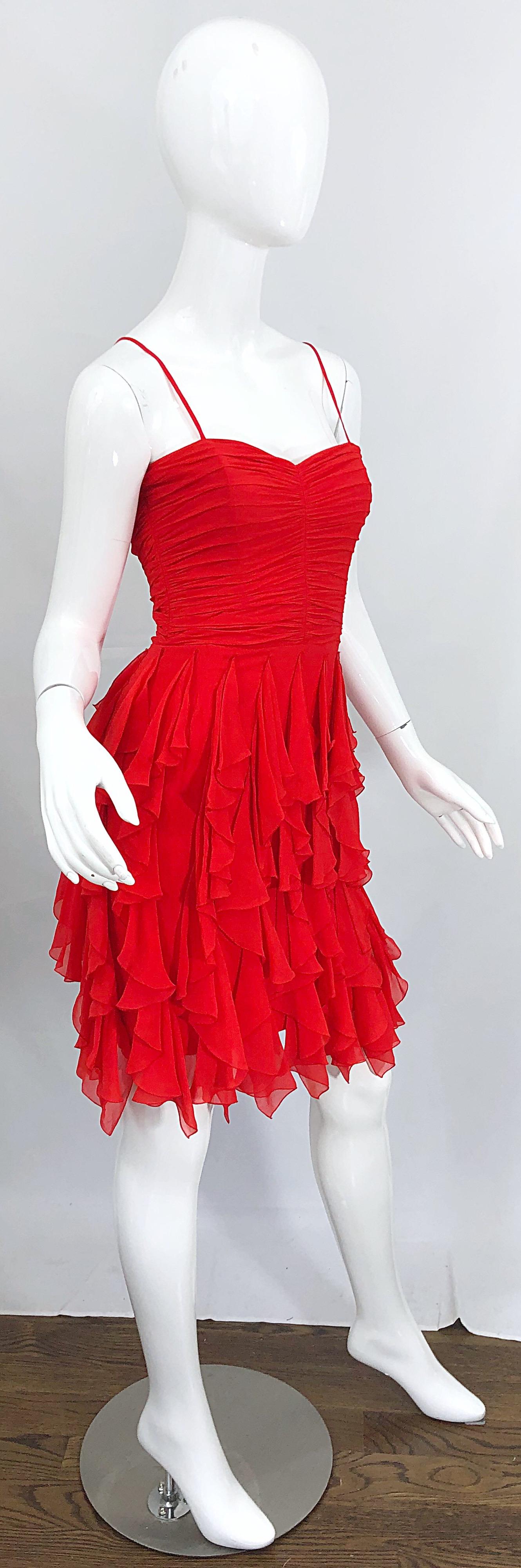 1980s Louis Feraud Size 4 Lipstick Red Silk Chiffon 80s Vintage Dress + Shawl  For Sale 7