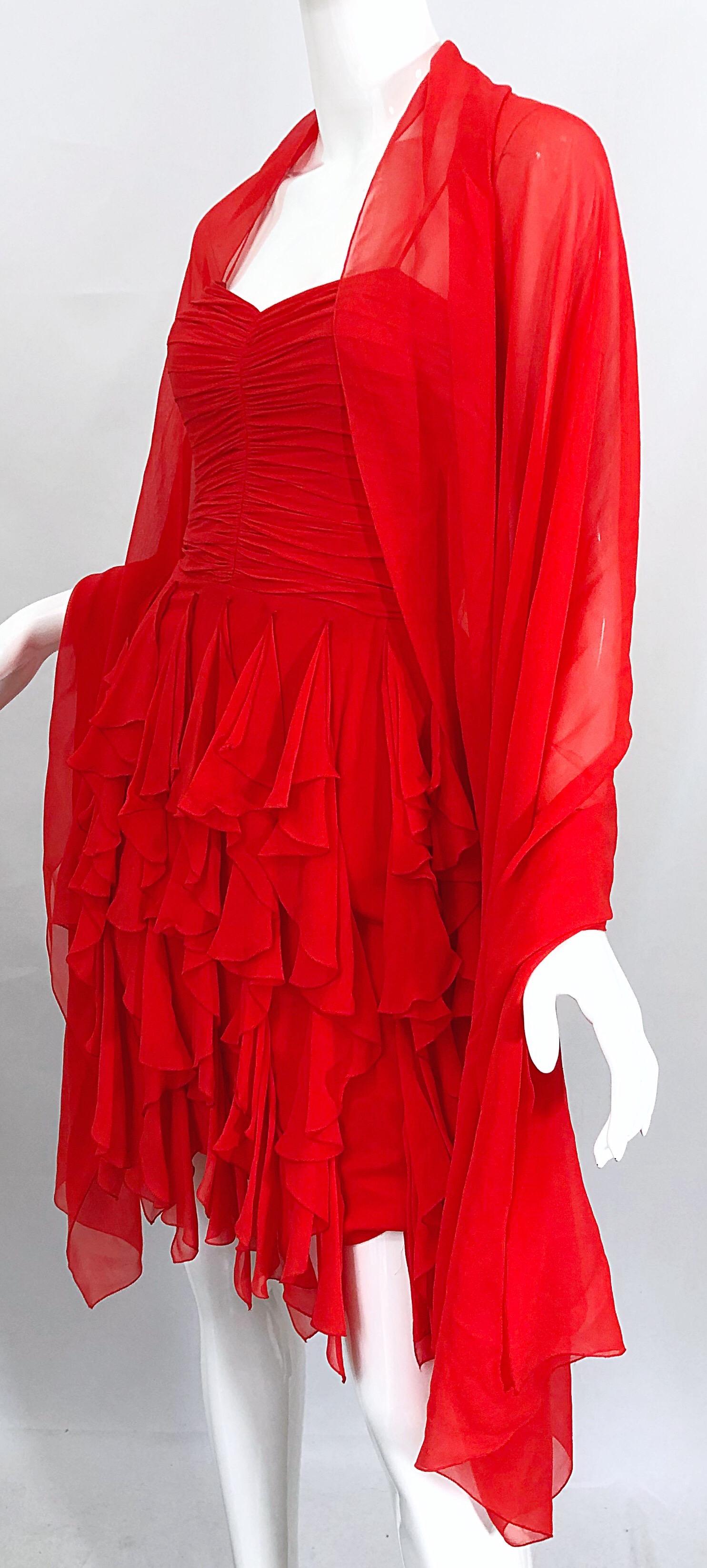 1980s Louis Feraud Size 4 Lipstick Red Silk Chiffon 80s Vintage Dress + Shawl  For Sale 8