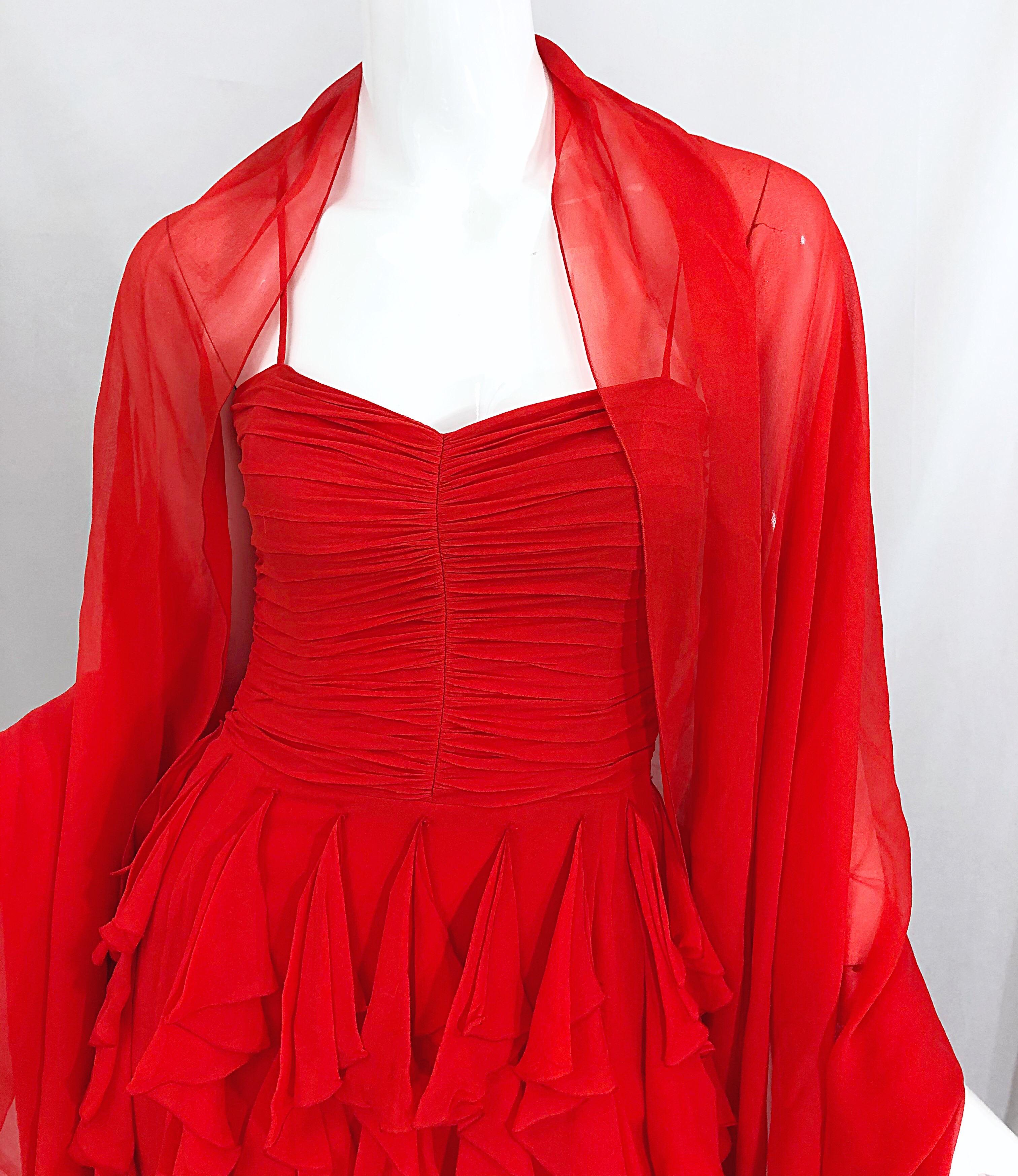1980s Louis Feraud Size 4 Lipstick Red Silk Chiffon 80s Vintage Dress + Shawl  For Sale 9