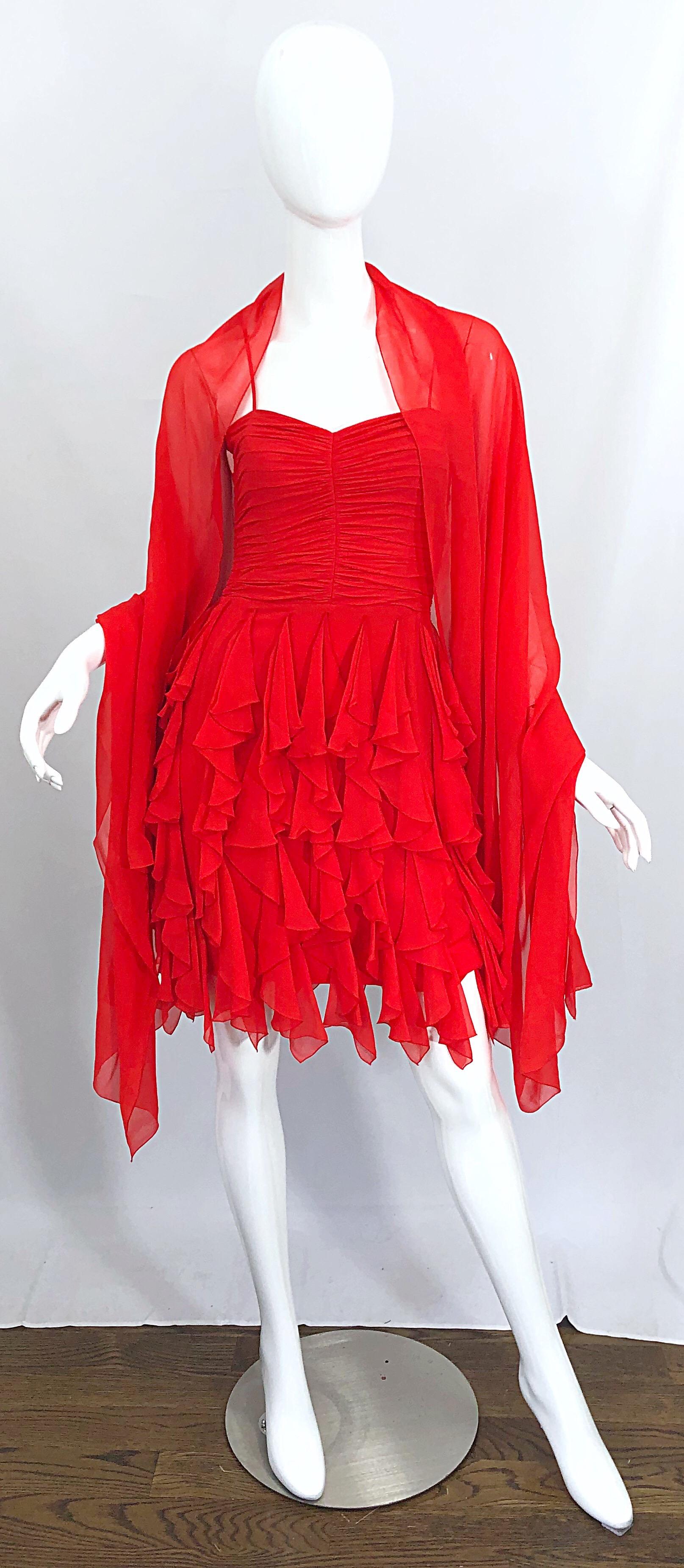1980s Louis Feraud Size 4 Lipstick Red Silk Chiffon 80s Vintage Dress + Shawl  For Sale 11
