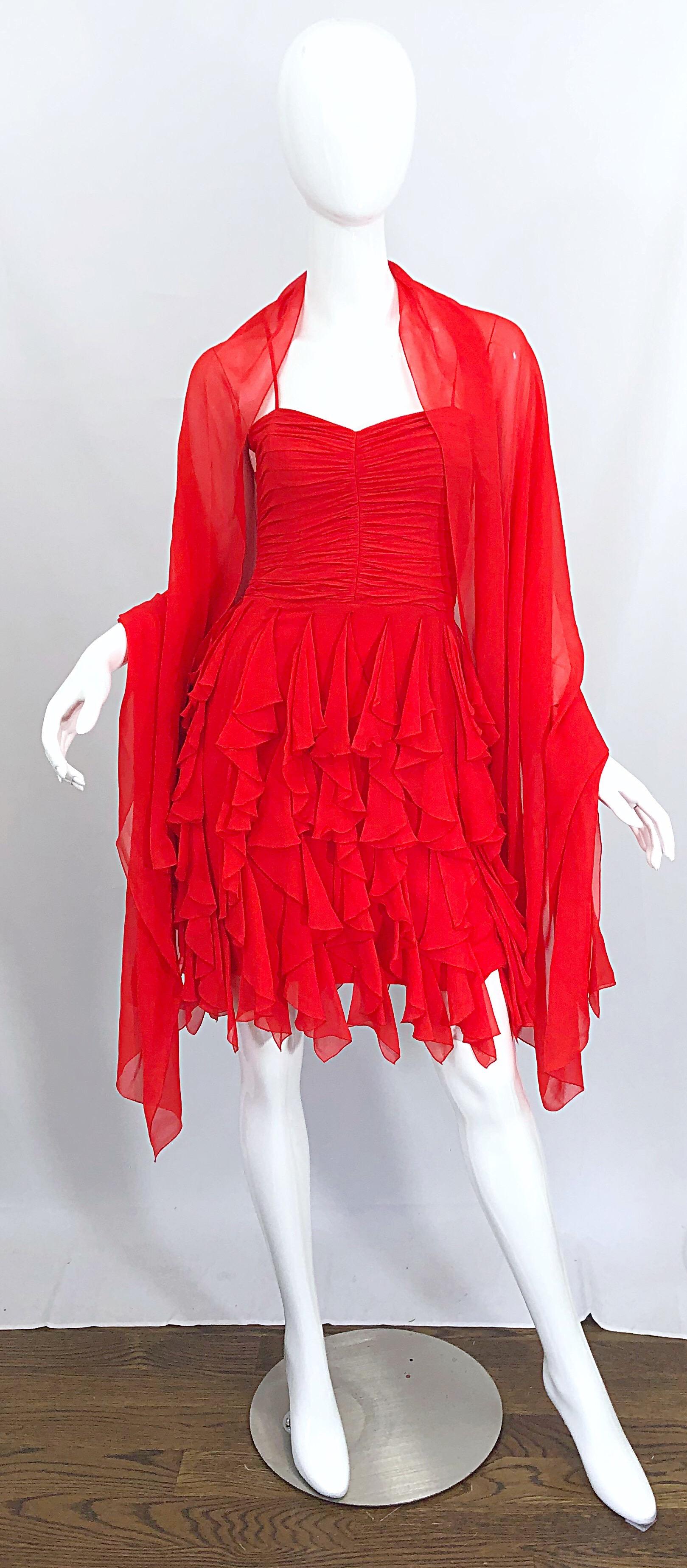 1980s Louis Feraud Size 4 Lipstick Red Silk Chiffon 80s Vintage Dress + Shawl  In Excellent Condition For Sale In San Diego, CA