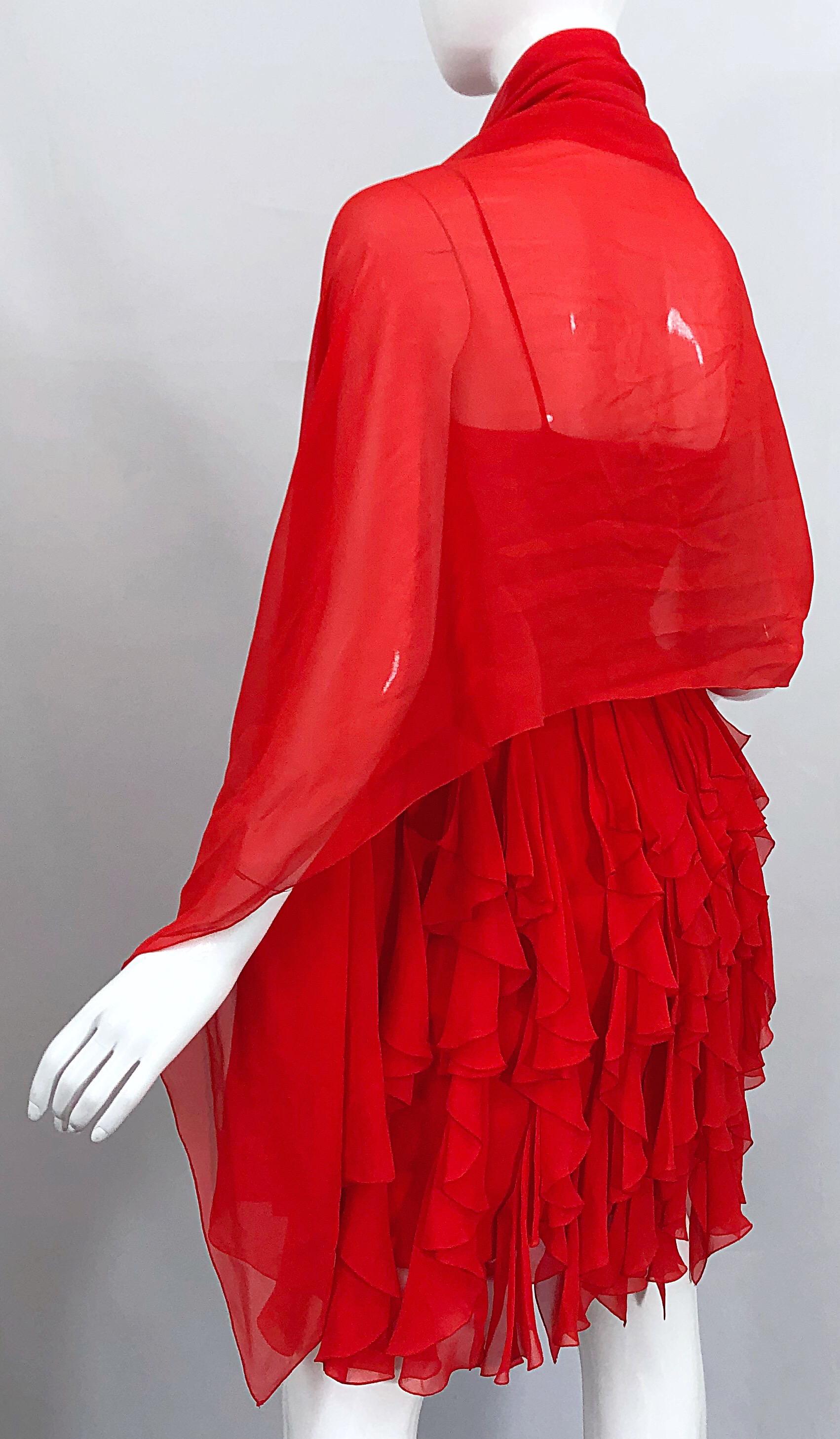 Women's 1980s Louis Feraud Size 4 Lipstick Red Silk Chiffon 80s Vintage Dress + Shawl  For Sale