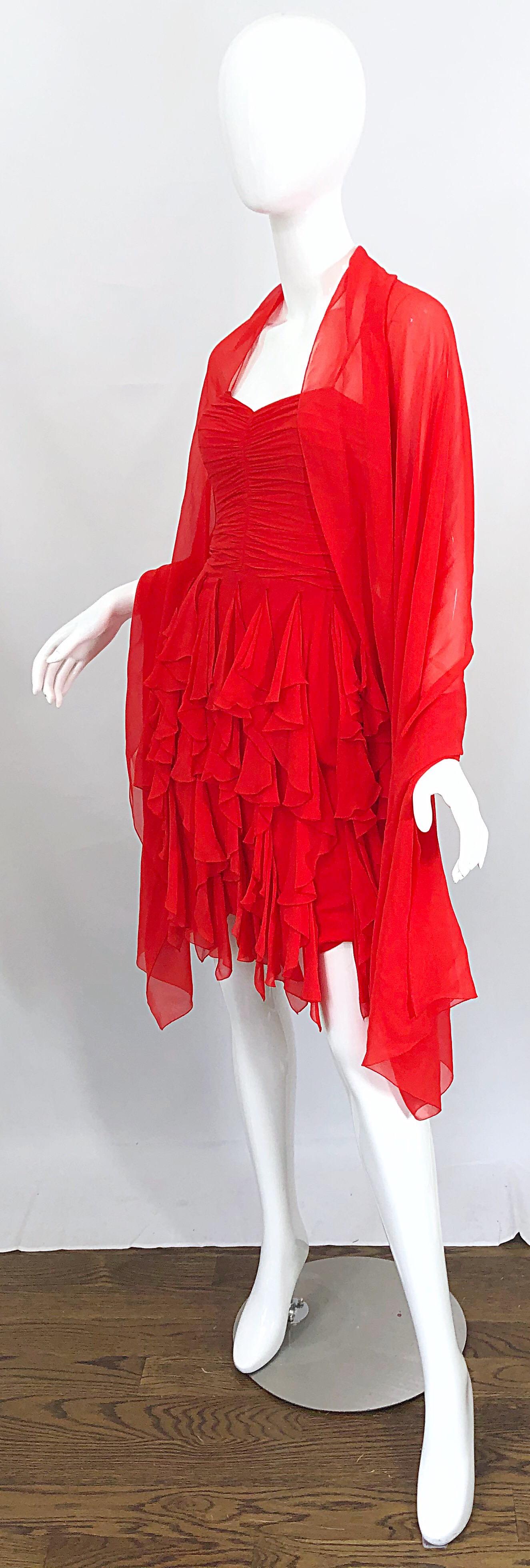 1980s Louis Feraud Size 4 Lipstick Red Silk Chiffon 80s Vintage Dress + Shawl  For Sale 1