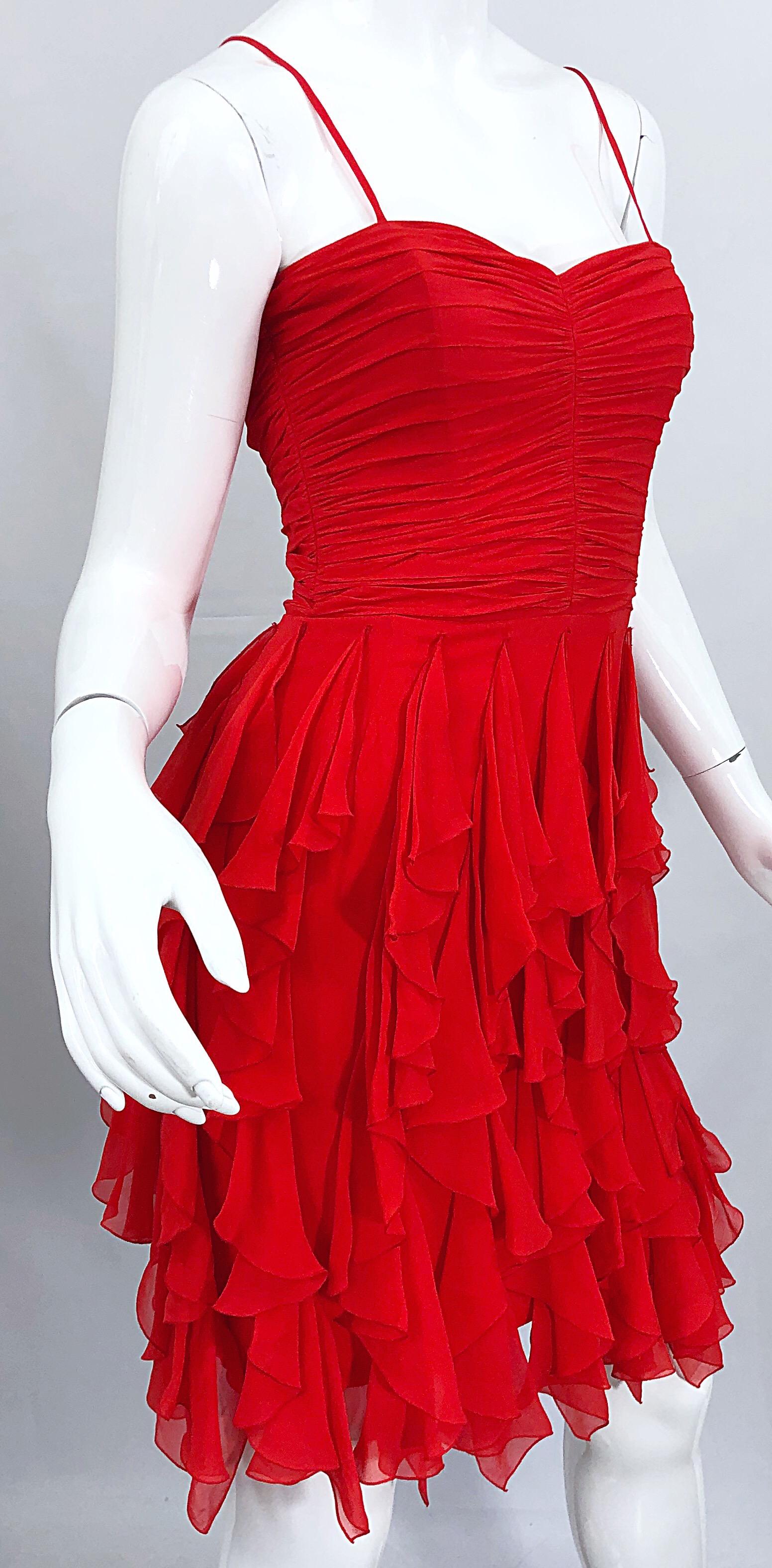 1980s Louis Feraud Size 4 Lipstick Red Silk Chiffon 80s Vintage Dress + Shawl  For Sale 2