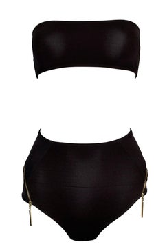 1990's Louis Vuitton Brown High Waist Zipper Pin-Up Tube Top Swimwear Bikini