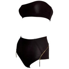 1990's Louis Vuitton Brown High Waist Zipper Pin-Up Tube Top Swimwear Bikini