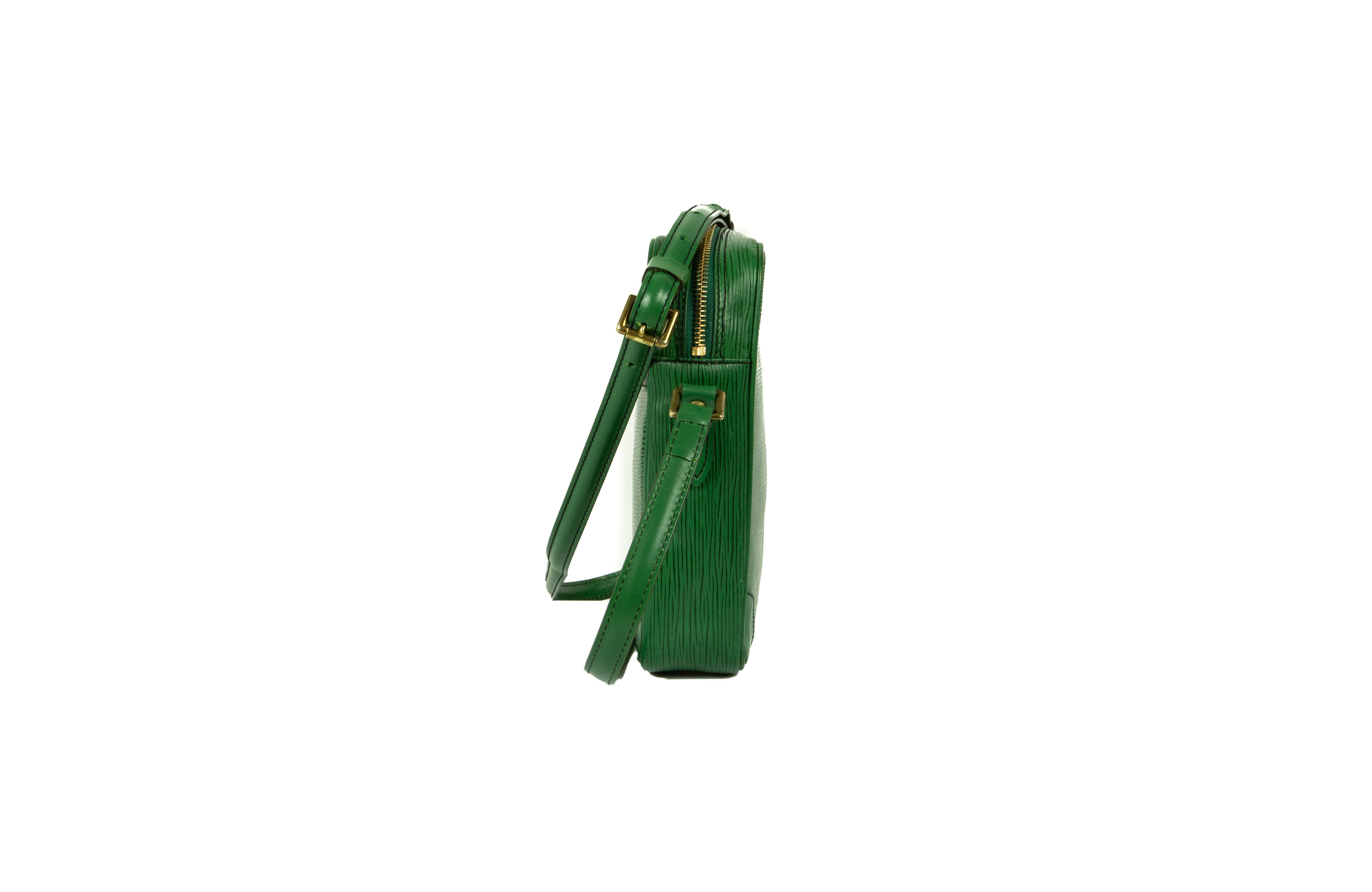 A rare and collectable 1990s Louis Vuitton green Danube cross-body bag, in the iconic Epi leather incorporating an embossed House logo, with polished leather trim throughout, comprising of one compartment with one patch pocket and one outer front