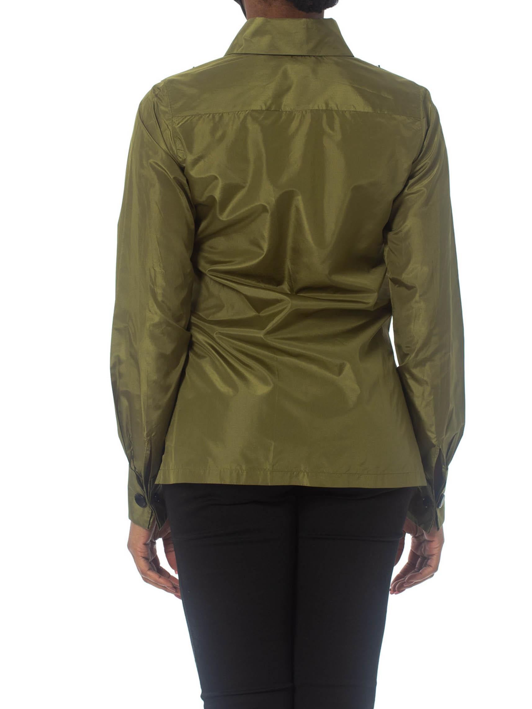Brown 1990S LOULOU DEL LA FALAISE Olive Green Silk Taffeta Blouse With Chantilly Lace For Sale