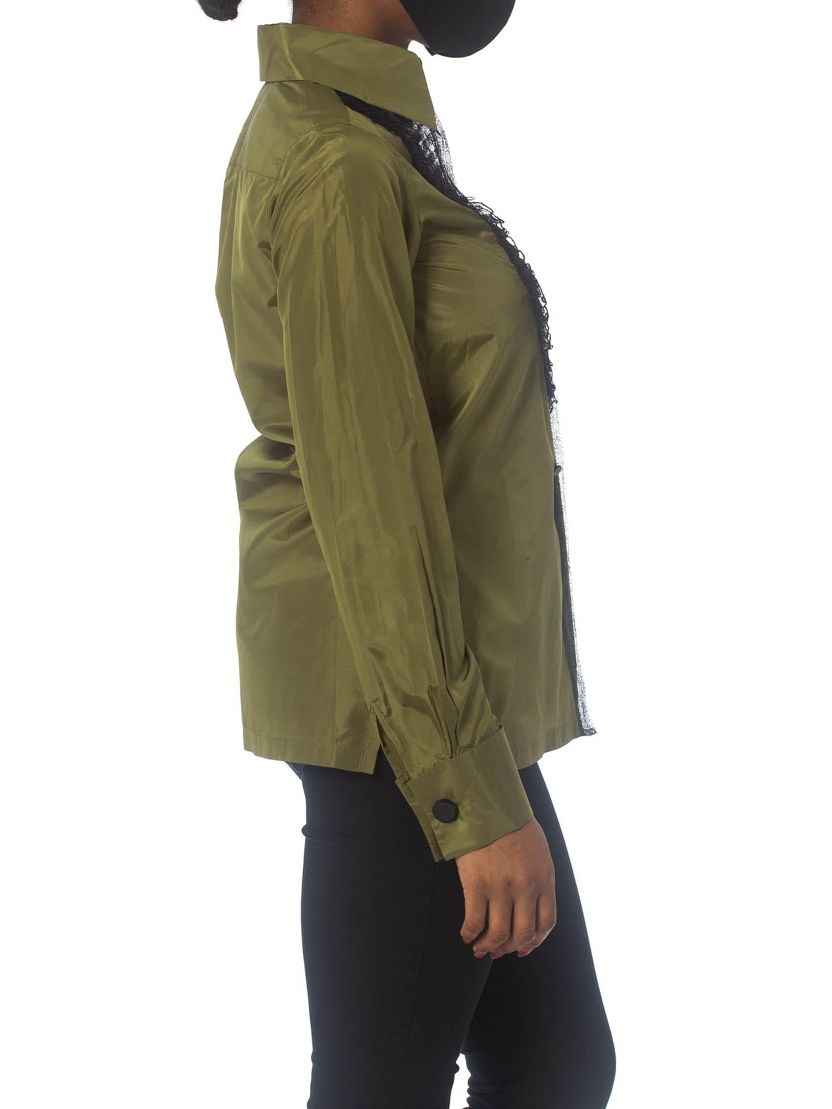 Women's 1990S LOULOU DEL LA FALAISE Olive Green Silk Taffeta Blouse With Chantilly Lace For Sale