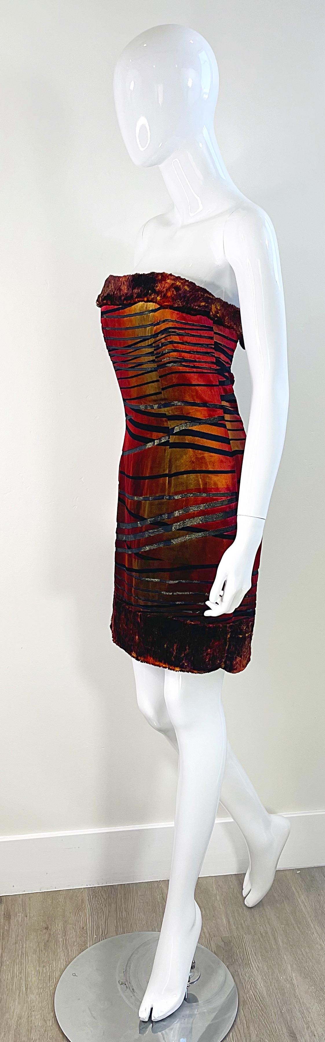 1990s Luca Luca by Luca Orlandi Burnt Orange Faux Fur Cut Velvet Mini Dress For Sale 9