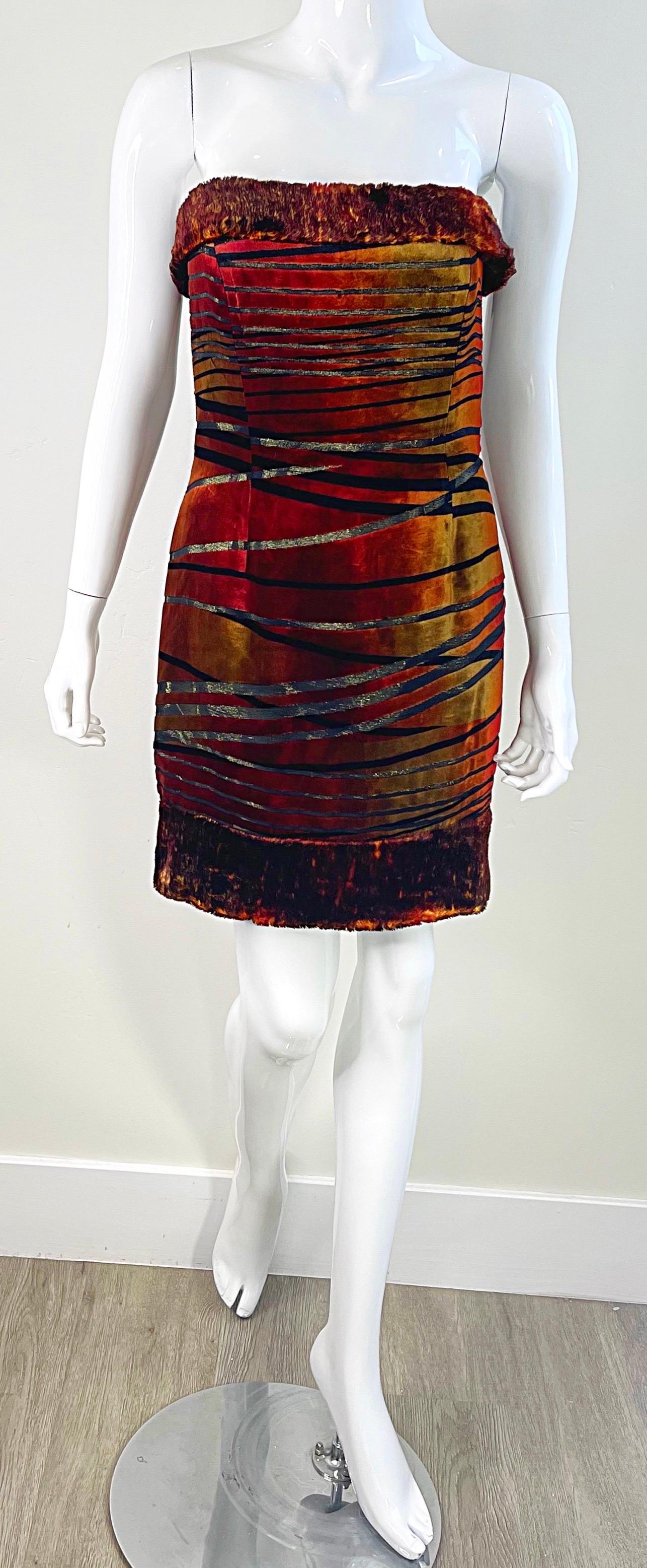 1990s Luca Luca by Luca Orlandi Burnt Orange Faux Fur Cut Velvet Mini Dress For Sale 11