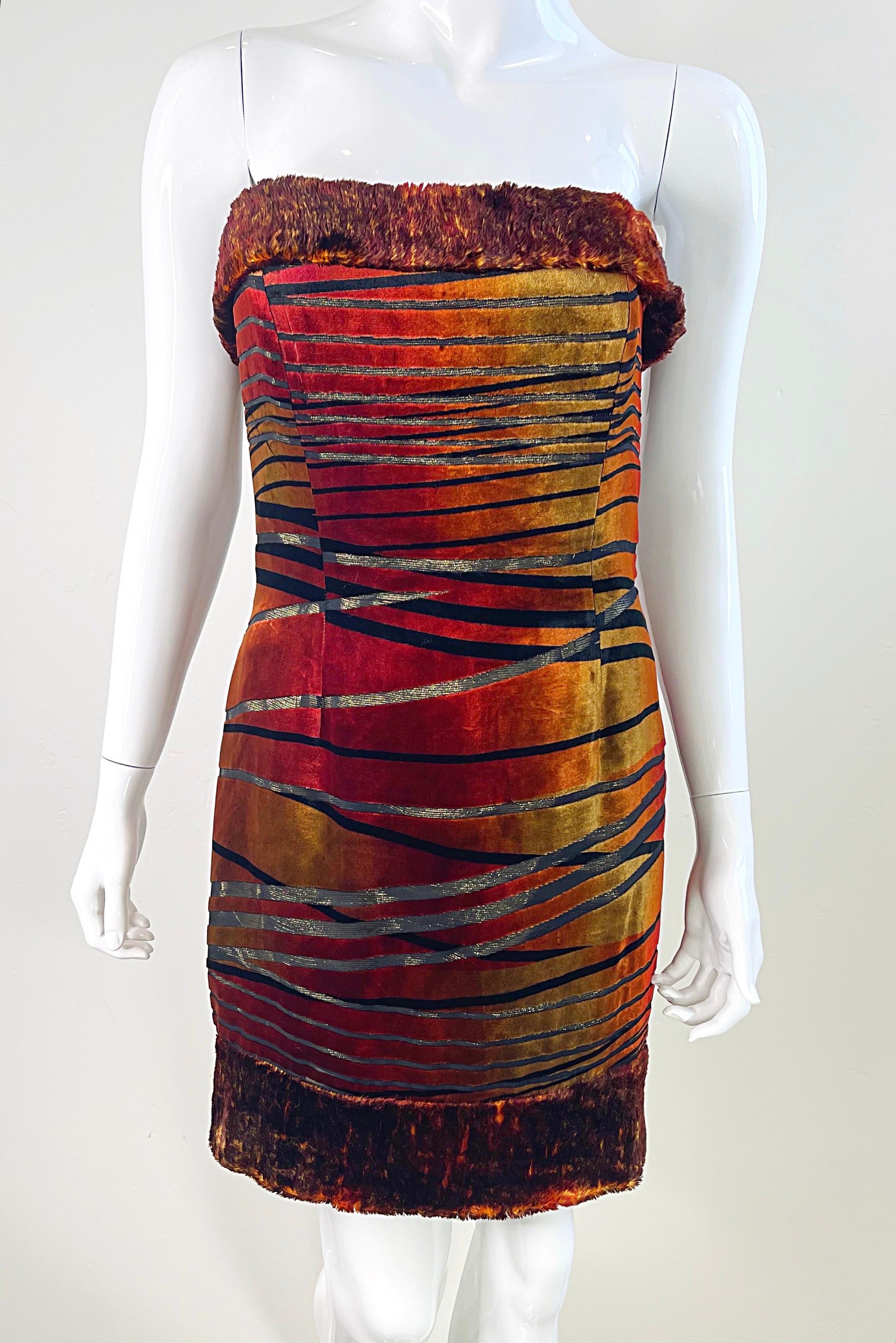 1990s Luca Luca by Luca Orlandi Burnt Orange Faux Fur Cut Velvet Mini Dress For Sale 3