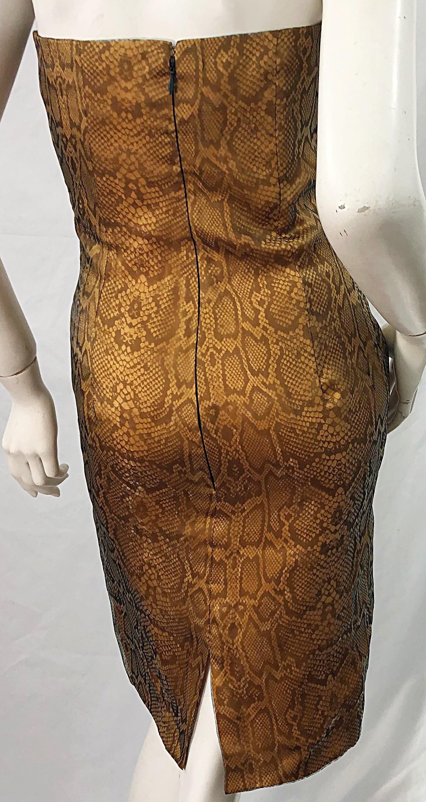 1990s Luca Luca Size 42 / 6 Snakeskin Silk Organza Strapless 90s Tan Brown Dress For Sale 3