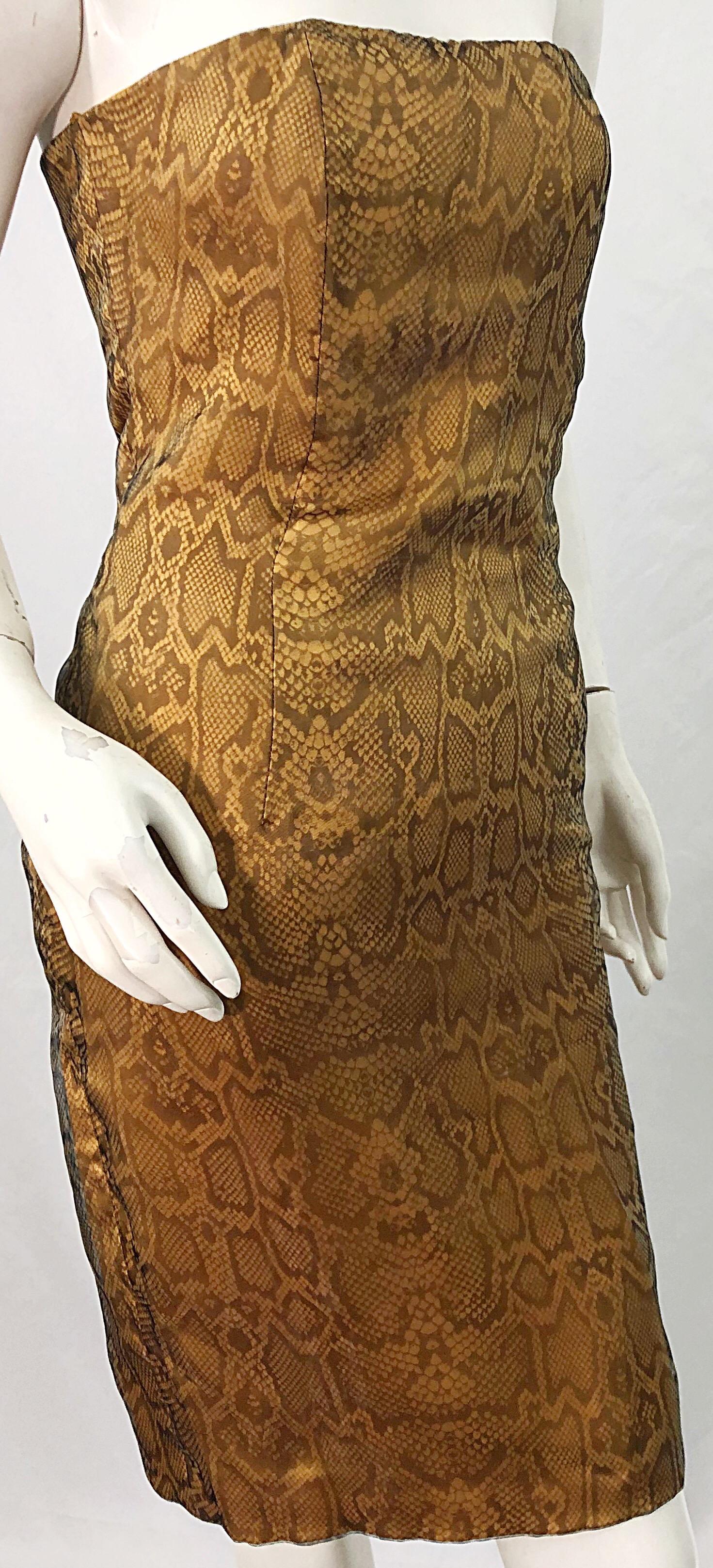 1990s Luca Luca Size 42 / 6 Snakeskin Silk Organza Strapless 90s Tan Brown Dress For Sale 4