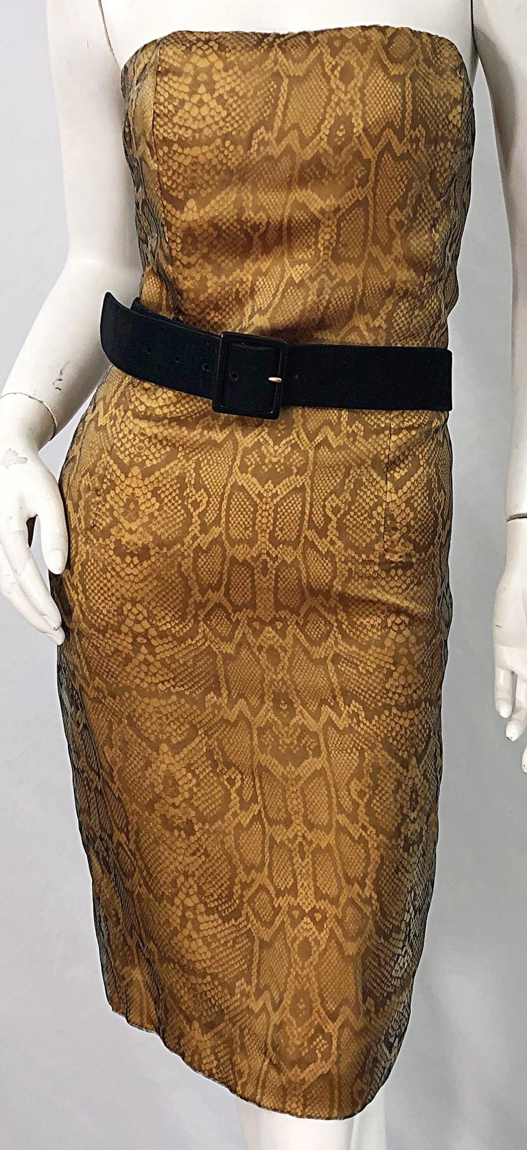 1990s luca luca silk chiffon dress 1990s Luca Luca Size 42 / 6 Snakeskin Silk Organza Strapless 90s Tan Brown  Dress