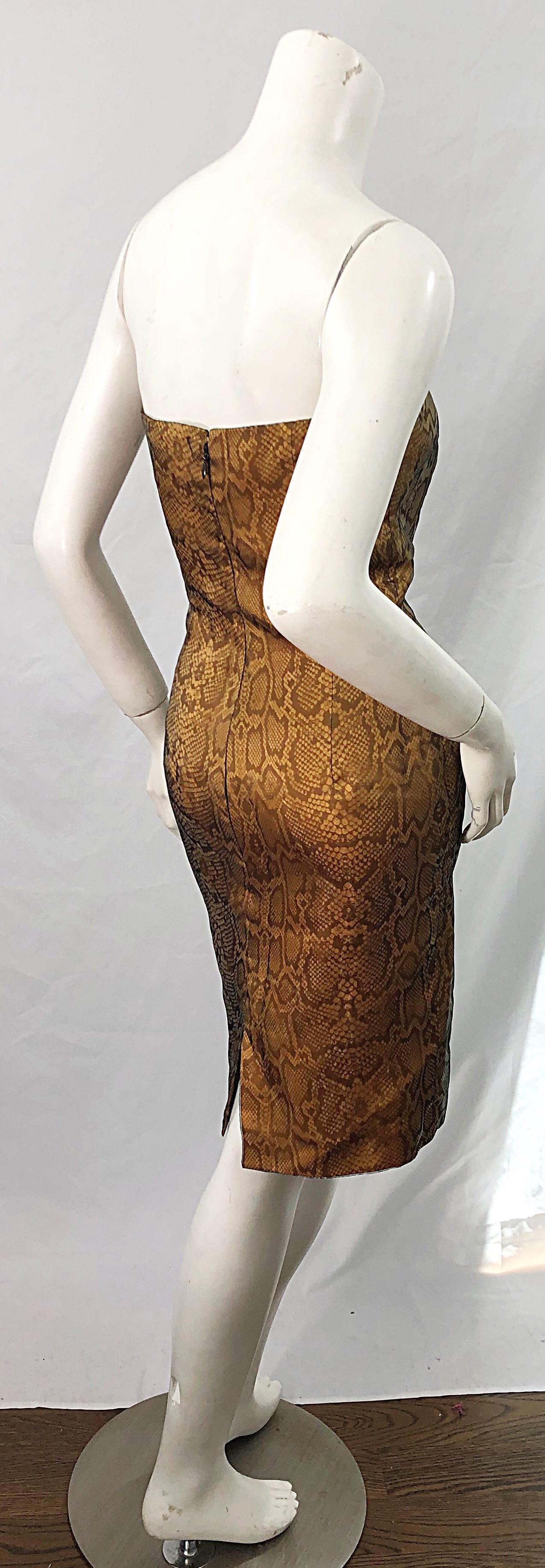 1990s Luca Luca Size 42 / 6 Snakeskin Silk Organza Strapless 90s Tan Brown Dress For Sale 6