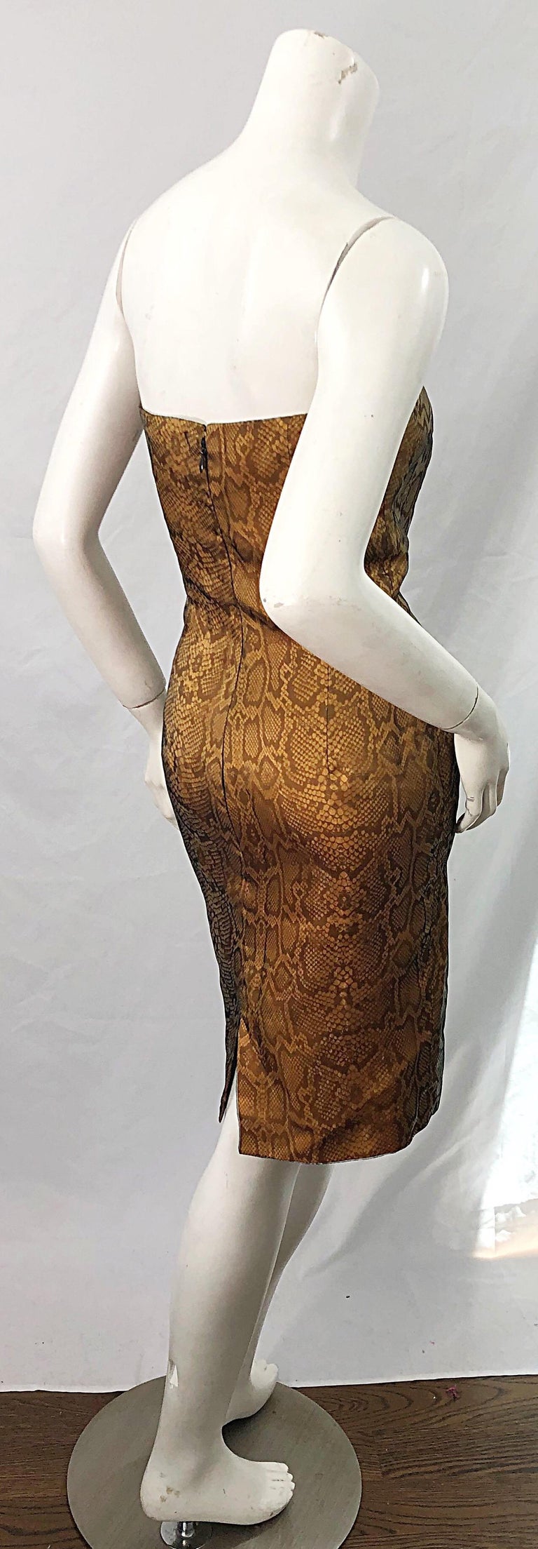 1990s luca luca silk chiffon dress 1990s Luca Luca Size 42 / 6 Snakeskin Silk Organza Strapless 90s Tan Brown  Dress