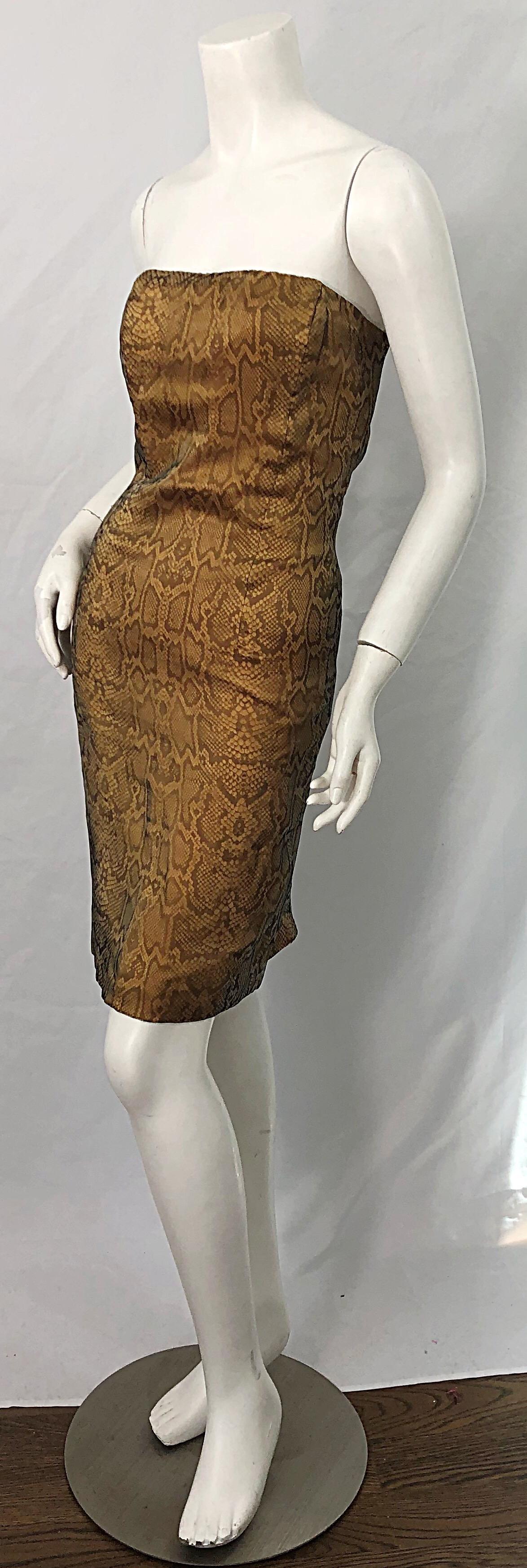 1990s Luca Luca Size 42 / 6 Snakeskin Silk Organza Strapless 90s Tan Brown Dress For Sale 7