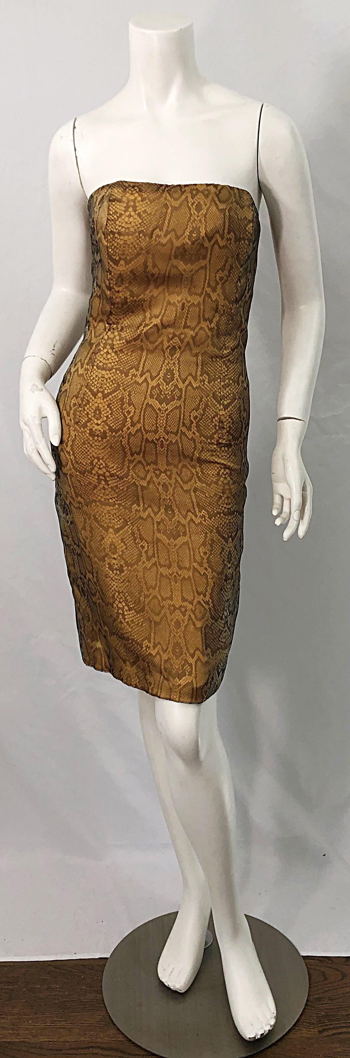 1990s Luca Luca Size 42 / 6 Snakeskin Silk Organza Strapless 90s Tan Brown Dress For Sale 8