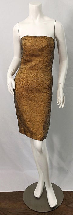 1990s Luca Luca Size 42 / 6 Snakeskin Silk Organza Strapless 90s Tan Brown Dress
