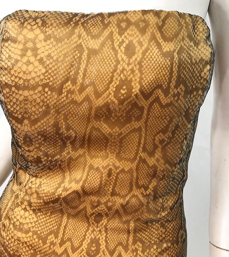 1990s Luca Luca Size 42 / 6 Snakeskin Silk Organza Strapless 90s Tan Brown Dress In Excellent Condition For Sale In San Diego, CA
