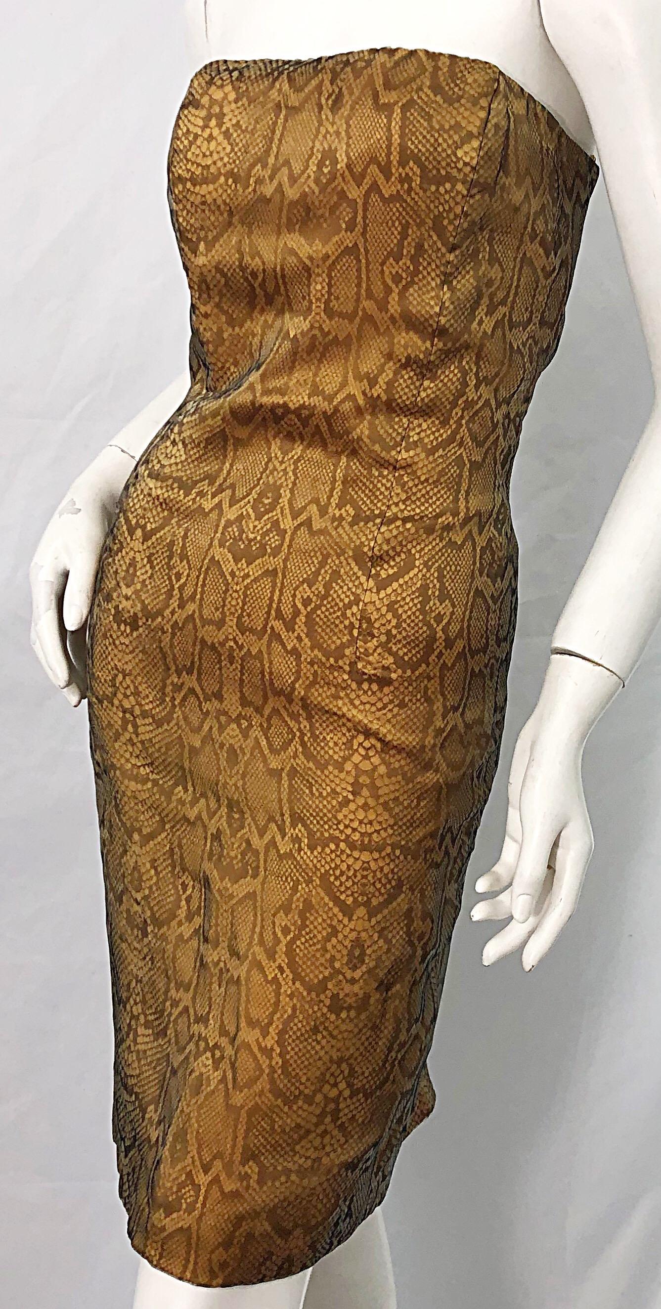 Luca - Robe sans bretelles en organza de soie et peau de serpent marron brun clair, taille 42/6, années 1990 Pour femmes en vente