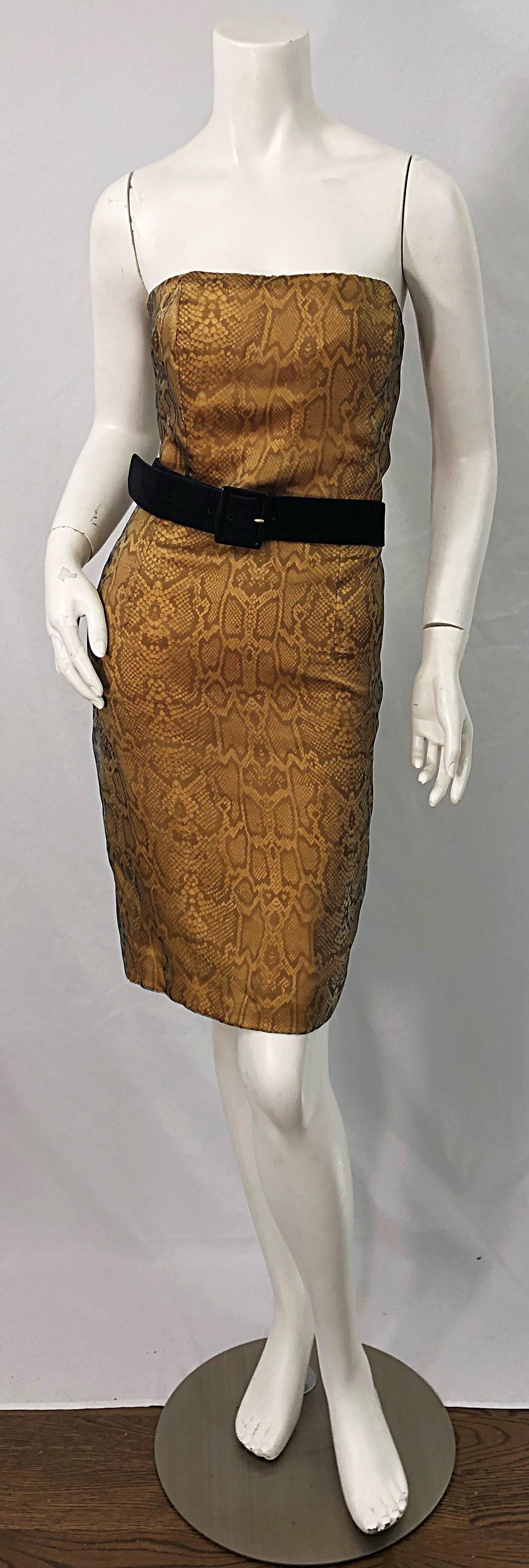 Luca Luca anni '90 Taglia 42 / 6 Abito in pelle di serpente e organza senza spalline anni '90 Tan Brown in vendita 1