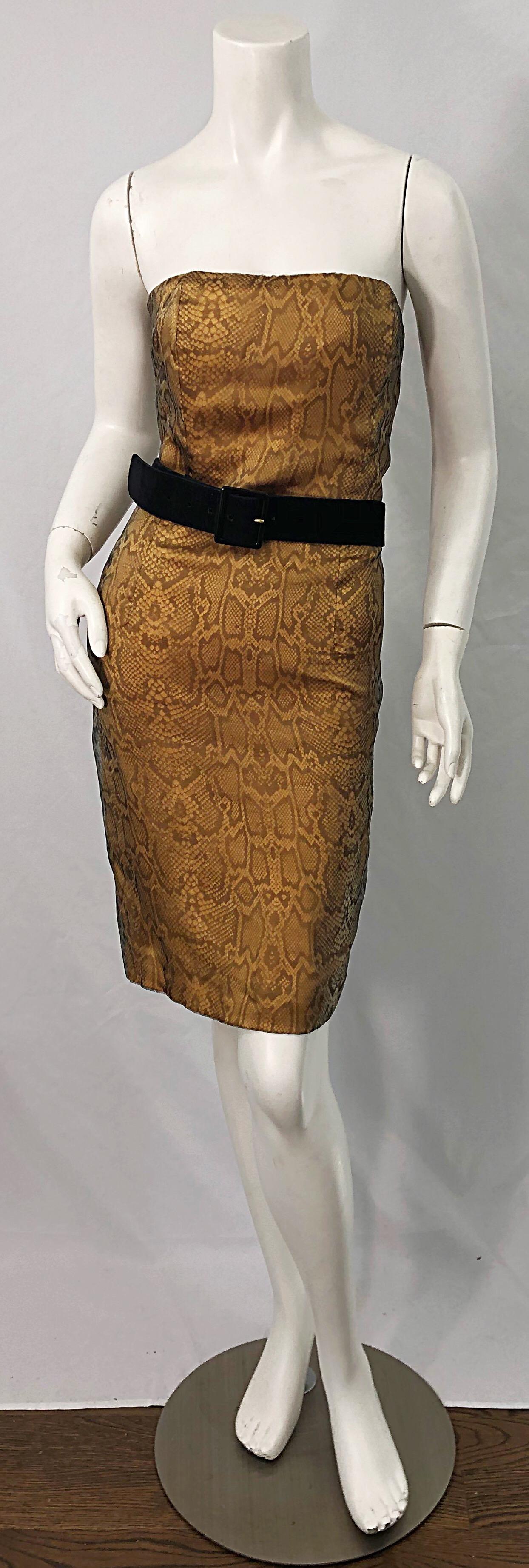 1990s Luca Luca Size 42 / 6 Snakeskin Silk Organza Strapless 90s Tan Brown Dress In Excellent Condition For Sale In San Diego, CA