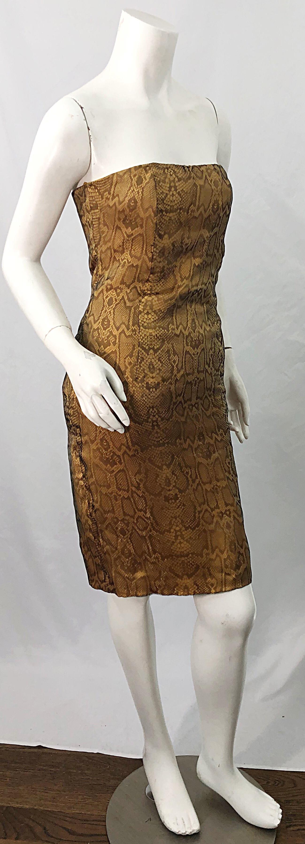 Women's 1990s Luca Luca Size 42 / 6 Snakeskin Silk Organza Strapless 90s Tan Brown Dress For Sale