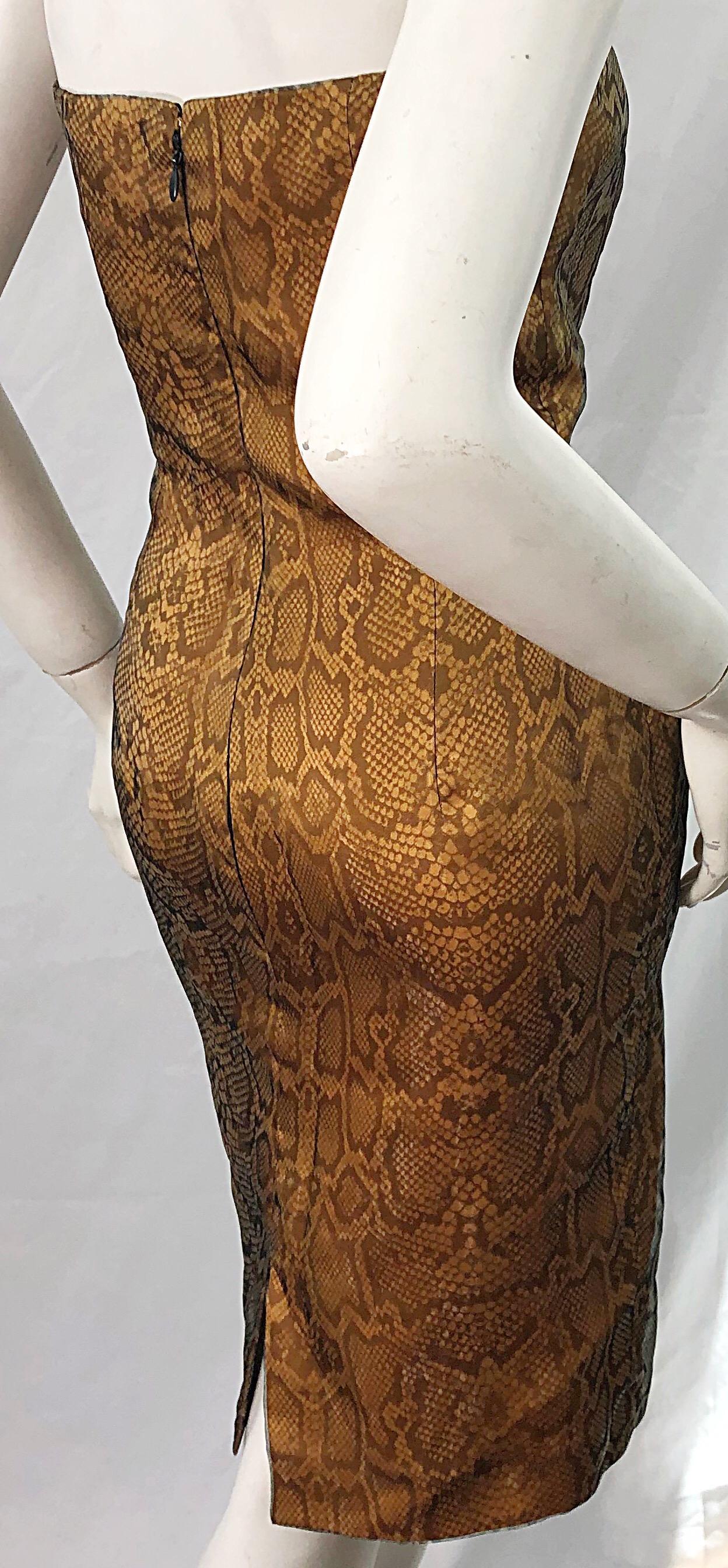 1990s Luca Luca Size 42 / 6 Snakeskin Silk Organza Strapless 90s Tan Brown Dress For Sale 1