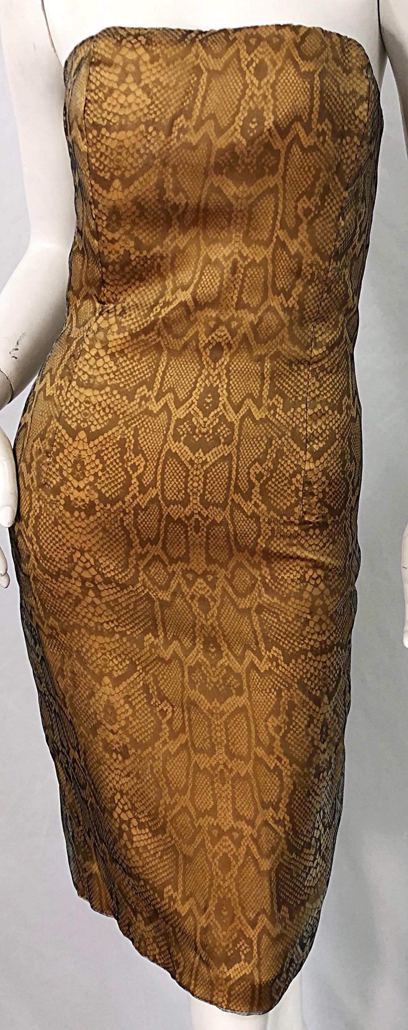 1990s Luca Luca Size 42 / 6 Snakeskin Silk Organza Strapless 90s Tan Brown Dress For Sale 2