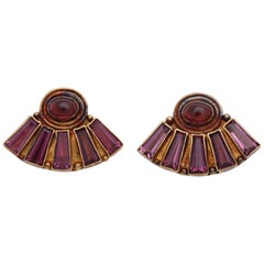 1990s Luna Baguette and Cabochon Pink Tourmalines and Gold Fan Shaped Earclips