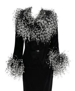 1990s Mackie by Bob Mackie Black Velvet Ostrich Feather Jacket Skirt Handbag Set
