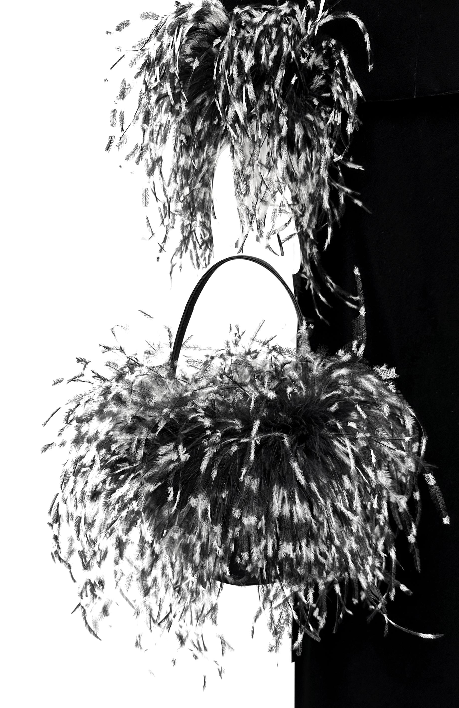 1990s Mackie by Bob Mackie Black Velvet Ostrich Feather Jacket Skirt Handbag Set In Excellent Condition In West Hollywood, CA