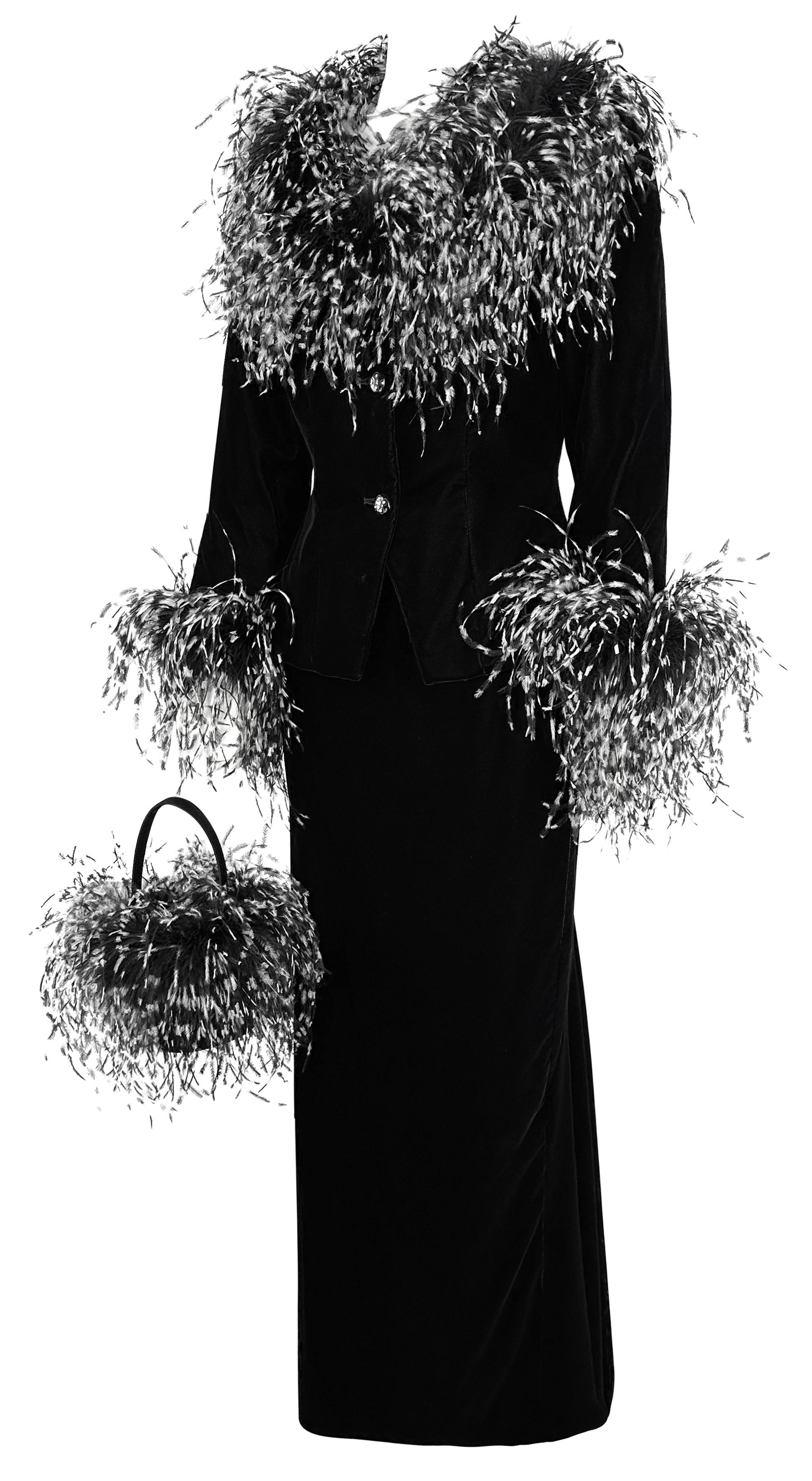 Women's 1990s Mackie by Bob Mackie Black Velvet Ostrich Feather Jacket Skirt Handbag Set