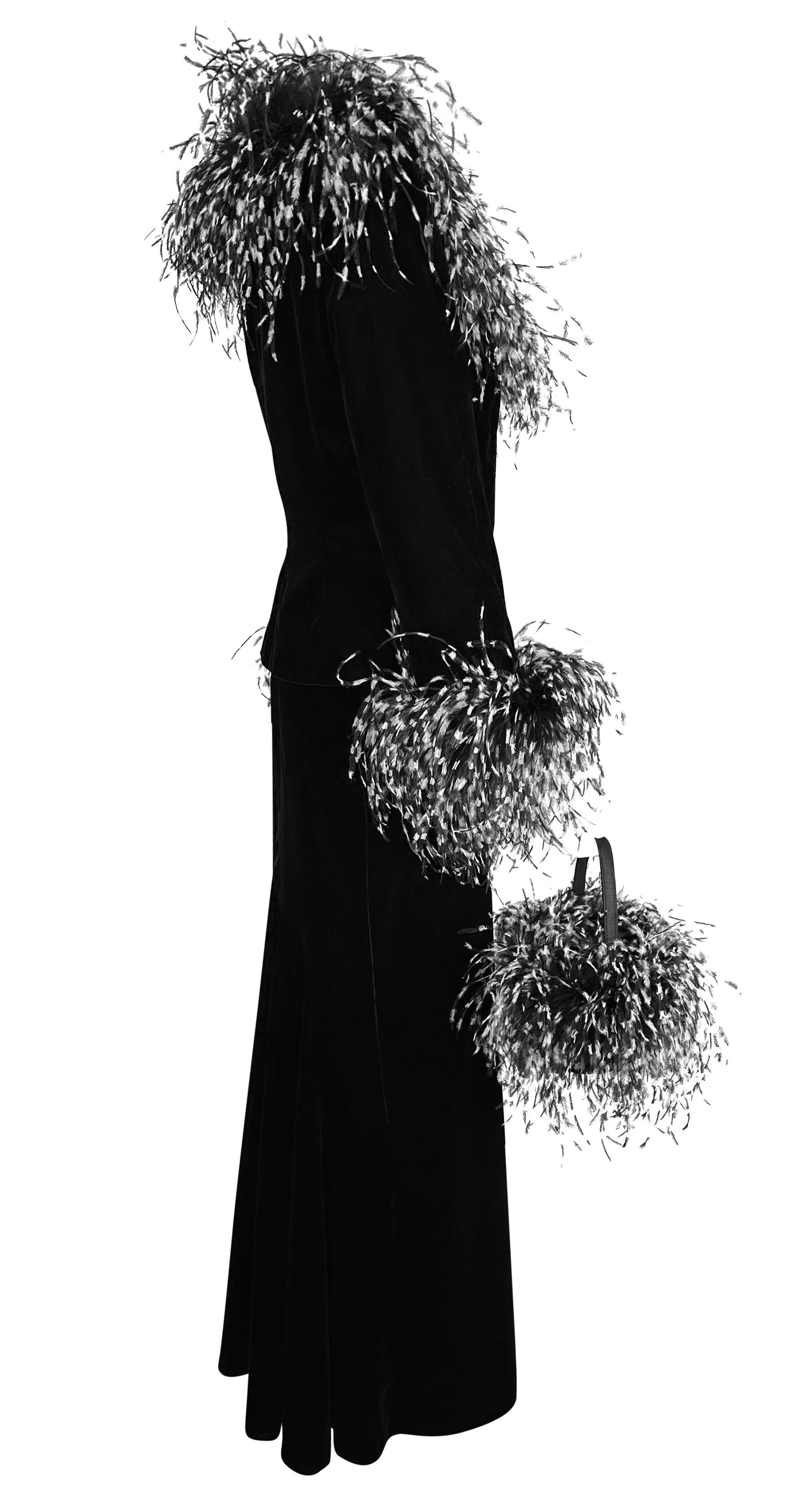 1990s Mackie by Bob Mackie Black Velvet Ostrich Feather Jacket Skirt Handbag Set 2