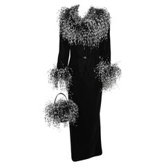 1990s Mackie by Bob Mackie Black Velvet Ostrich Feather Jacket Skirt Handbag Set