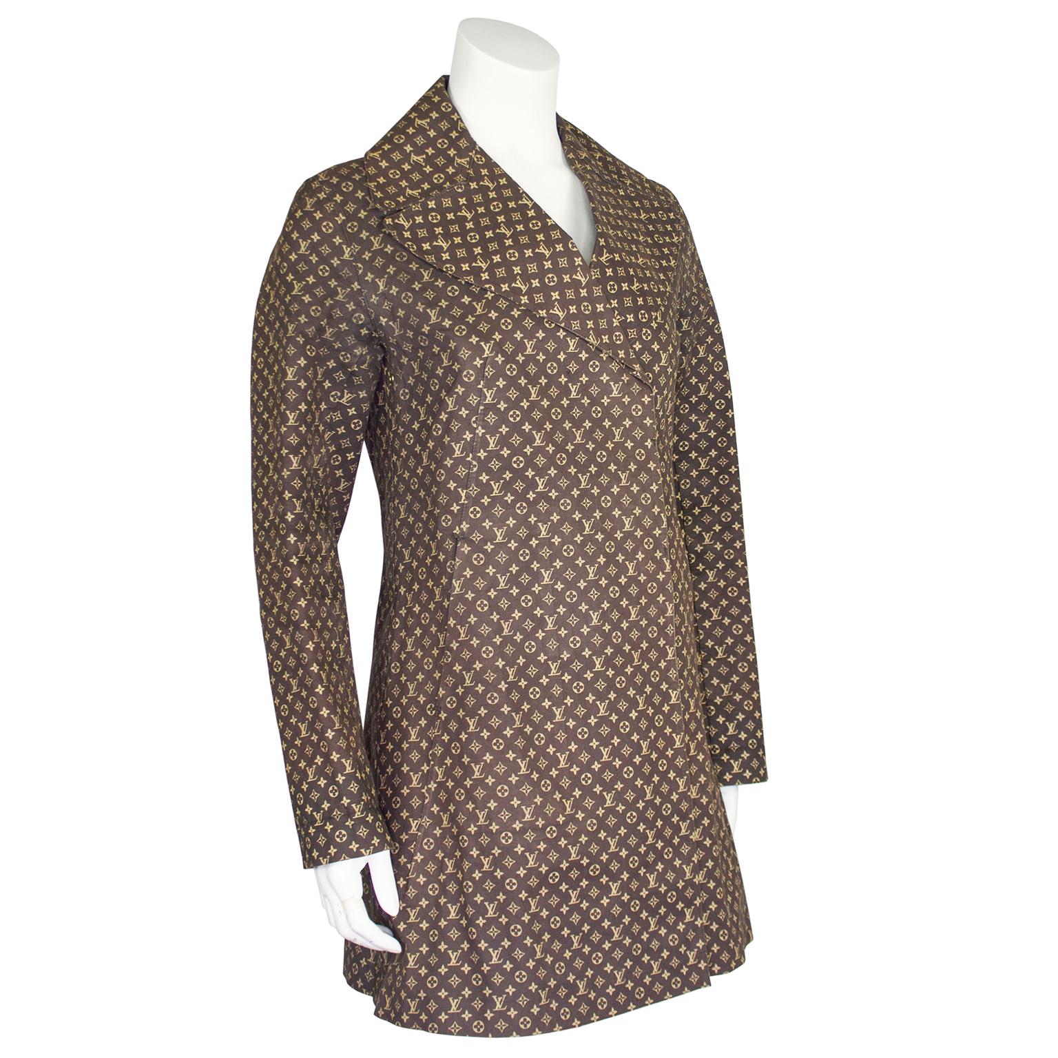 Extremely rare and incredibly chic Louis Vuitton Mackintosh 3/4 length trench coat. This piece was recently fully restored to its original glory by Mackintosh Scotland. Brown water proofed cotton canvas with all over small beige Louis Vuitton LV