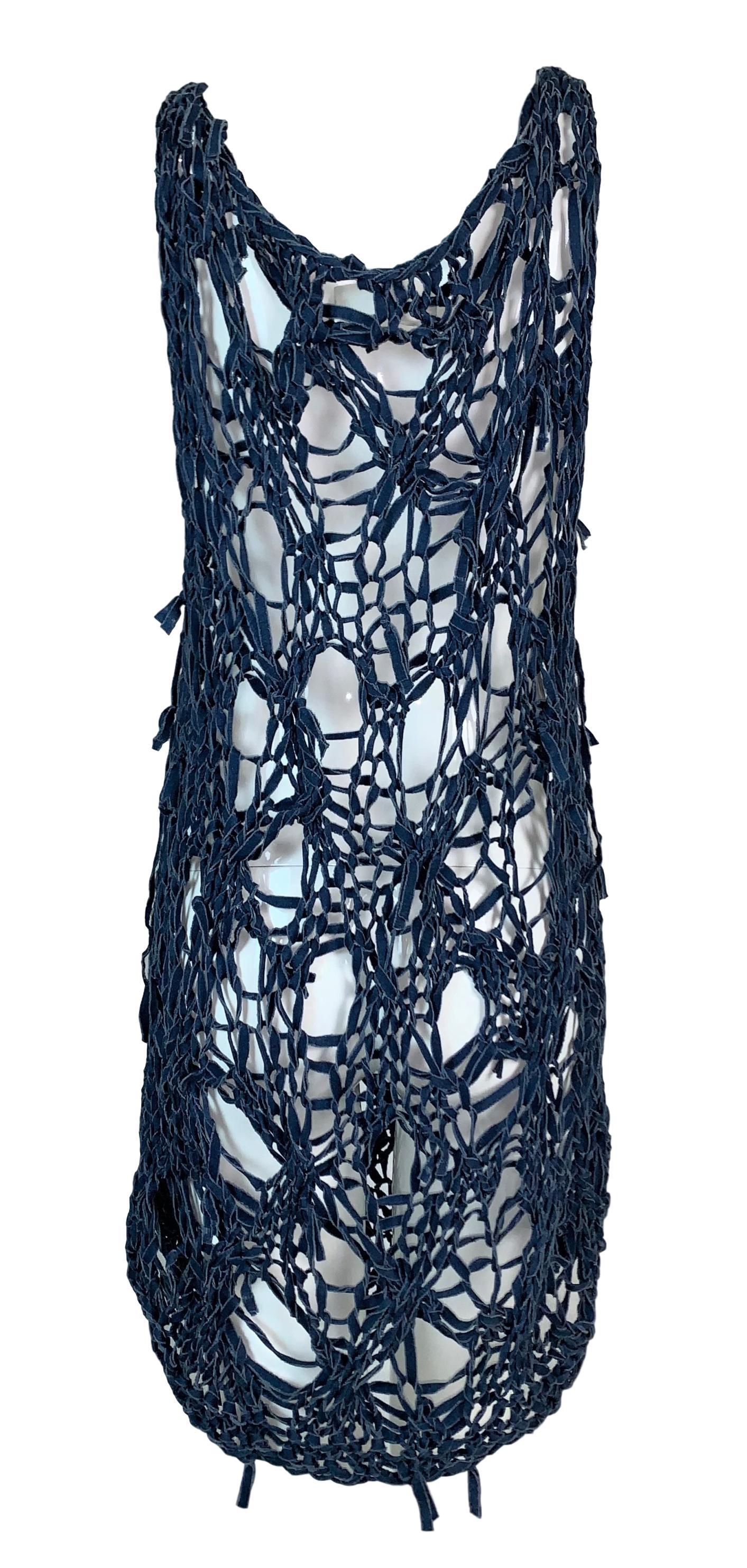Black 1990's Maison Martin Margiela Sheer Denim Blue Knit Distressed Mini Dress