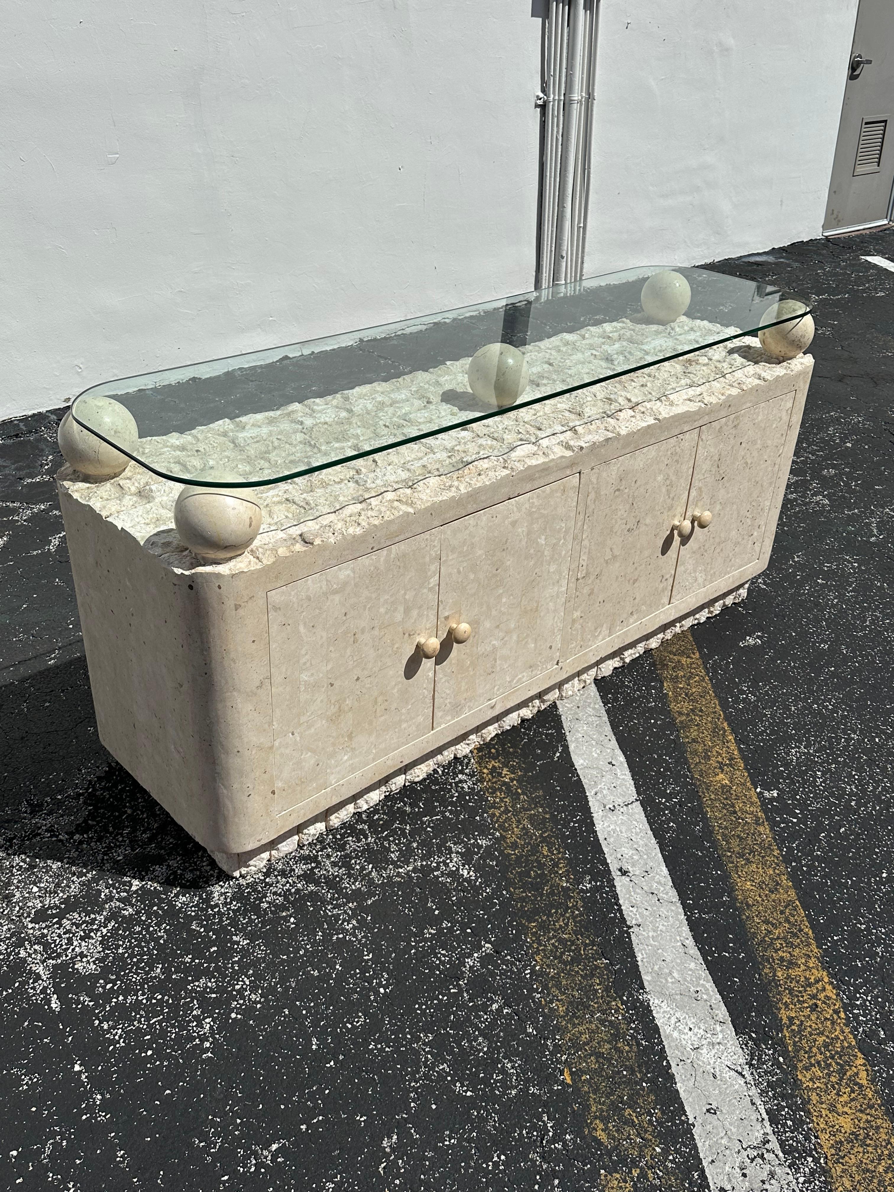 Philippine Post-Modern Maitland Smith Style Tessellated Mactan Stone Orb Credenza For Sale