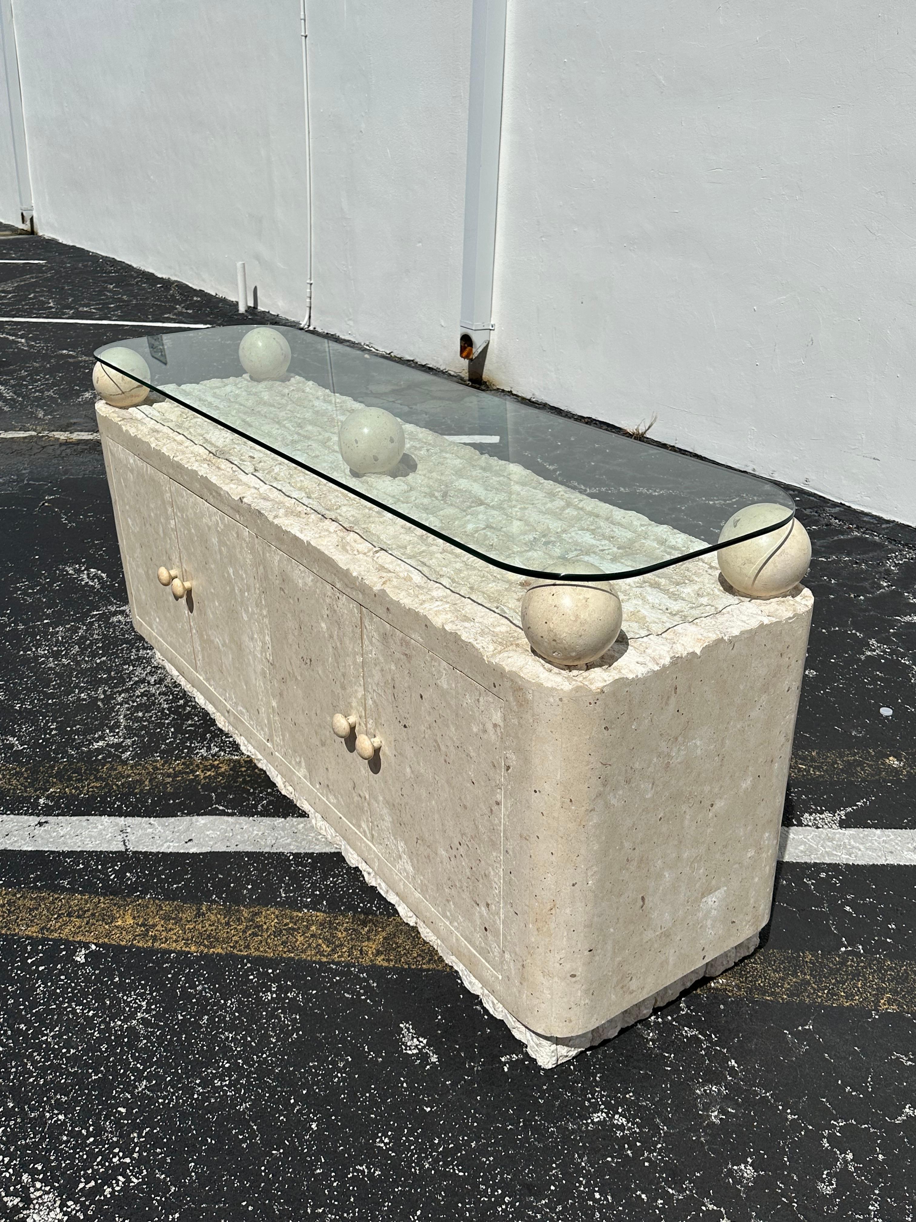 Late 20th Century Post-Modern Maitland Smith Style Tessellated Mactan Stone Orb Credenza For Sale