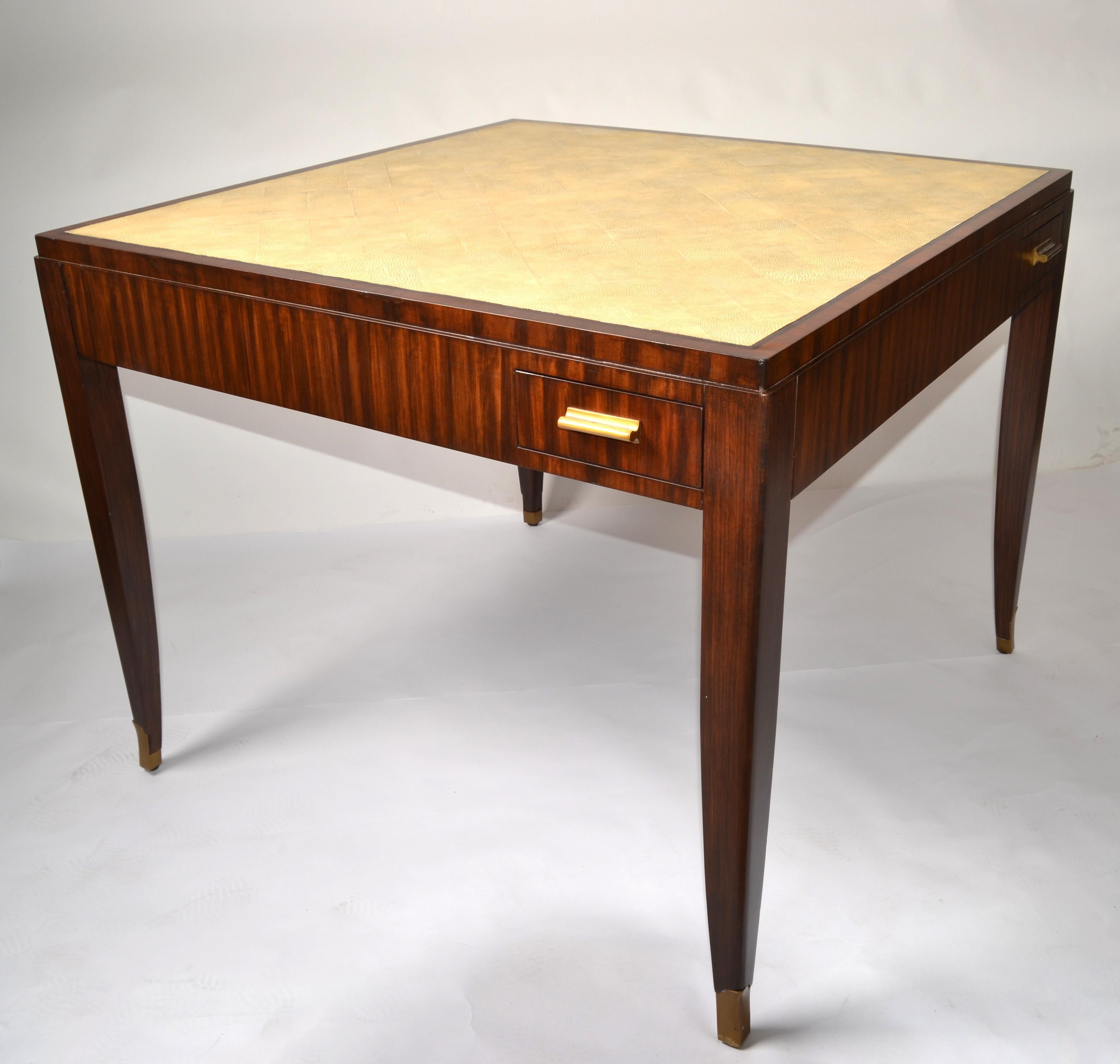 Maitland Smith handmade square Game Table in solid Macassar Wood with Shagreen Top, Bronze Pulls and cupholders inside the four drawers. 
Unique and rare Game Table made in the Philippines in the 1990s.
Fully restored and in good vintage condition