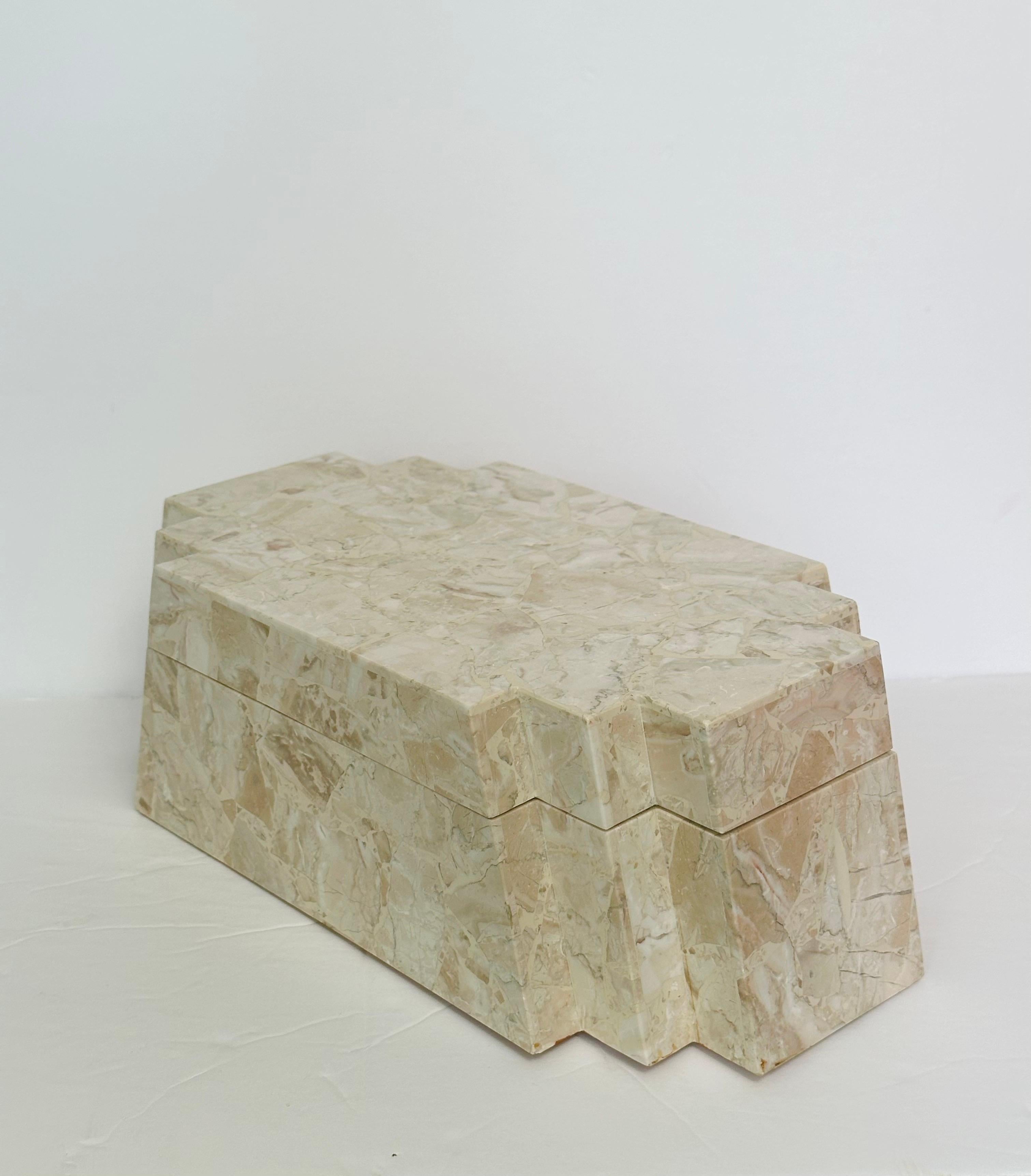 American 1990s Maitland Smith Tessellated Stone Stepped Geometric Design Decorative Box For Sale