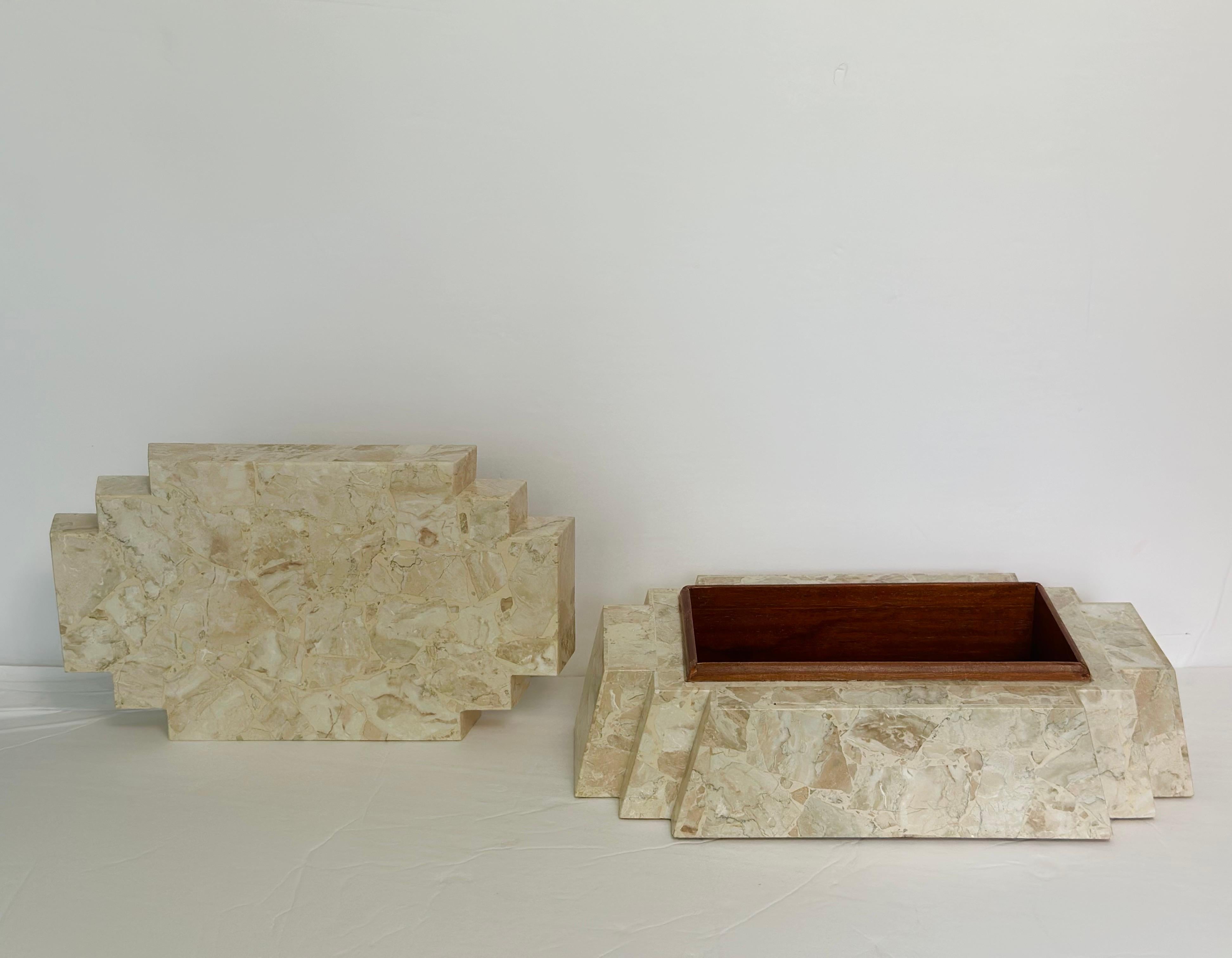 1990s Maitland Smith Tessellated Stone Stepped Geometric Design Decorative Box For Sale 1
