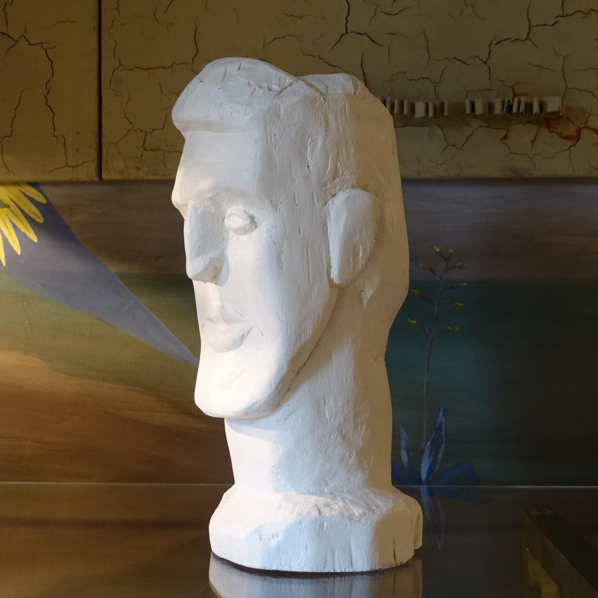 Male head sculpture, white wood signed Mirsad Bijedic, Bosnian sculptor 1990's circa.
