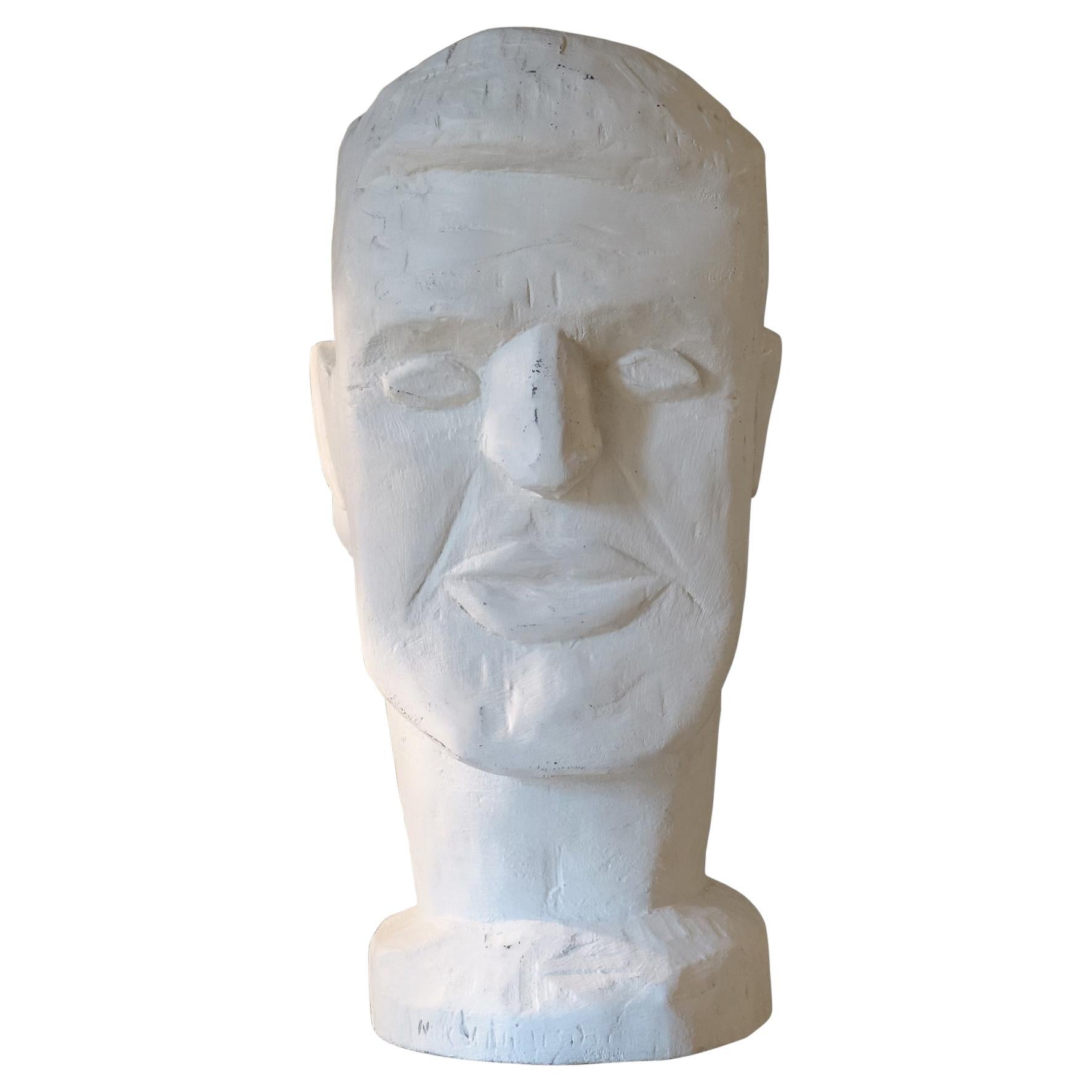 1990's Male Head Sculpture, White Wood, Mirsad Bijedic
